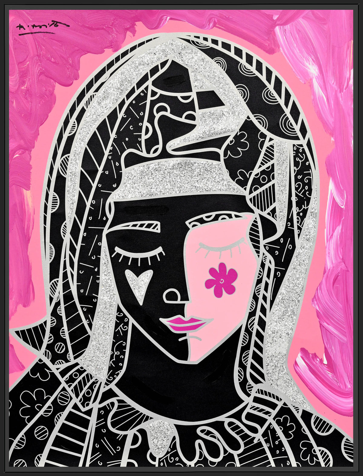 Romero Britto mother in pink silver mixed  contemporary pop art piece