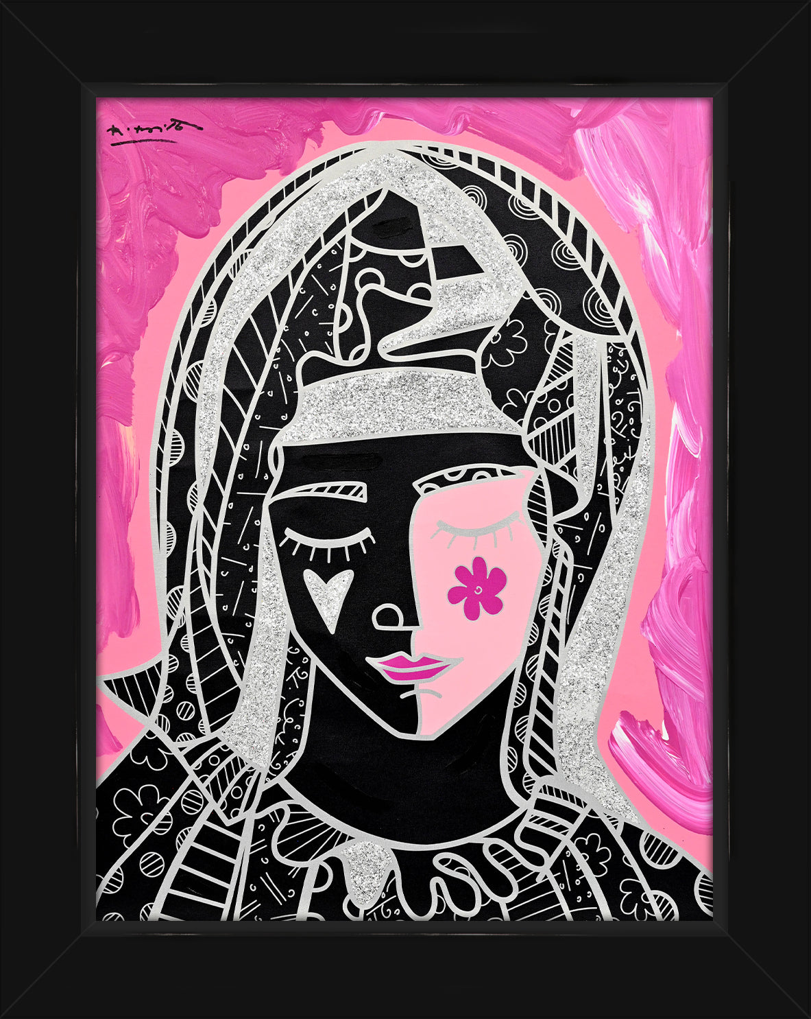 Romero Britto mother in pink silver mixed  colorful pop art design