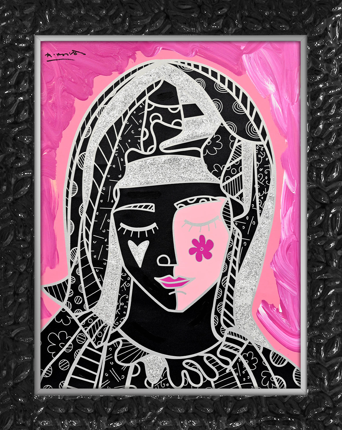 Romero Britto mother in pink silver mixed  colorful pop art design