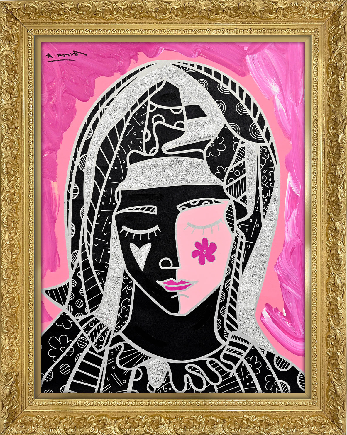 modern pop art mother in pink silver mixed  vibrant home decor
