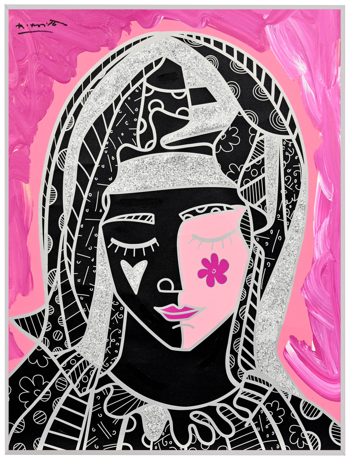 Romero Britto mother in pink silver mixed  contemporary pop art piece