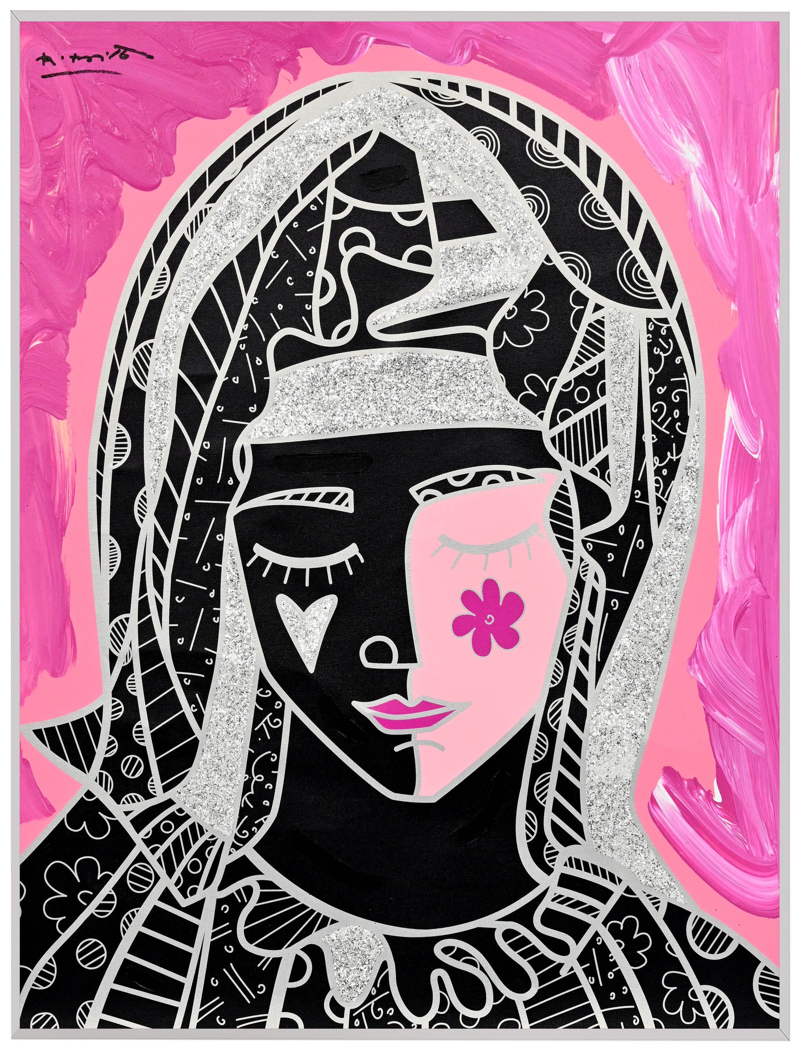Romero Britto mother in pink silver mixed  contemporary pop art piece