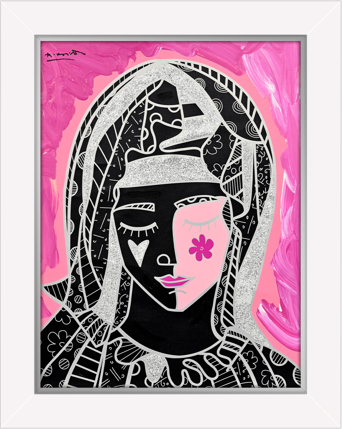 Romero Britto mother in pink silver mixed  colorful pop art design