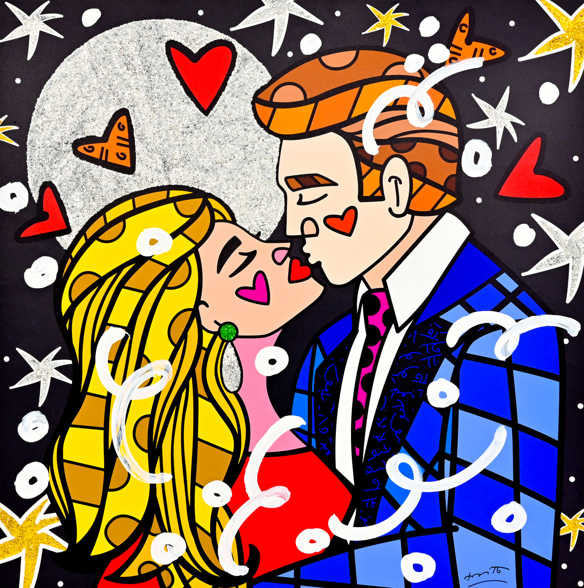 Romero Britto moonstruck mixed media original  colorful pop art design