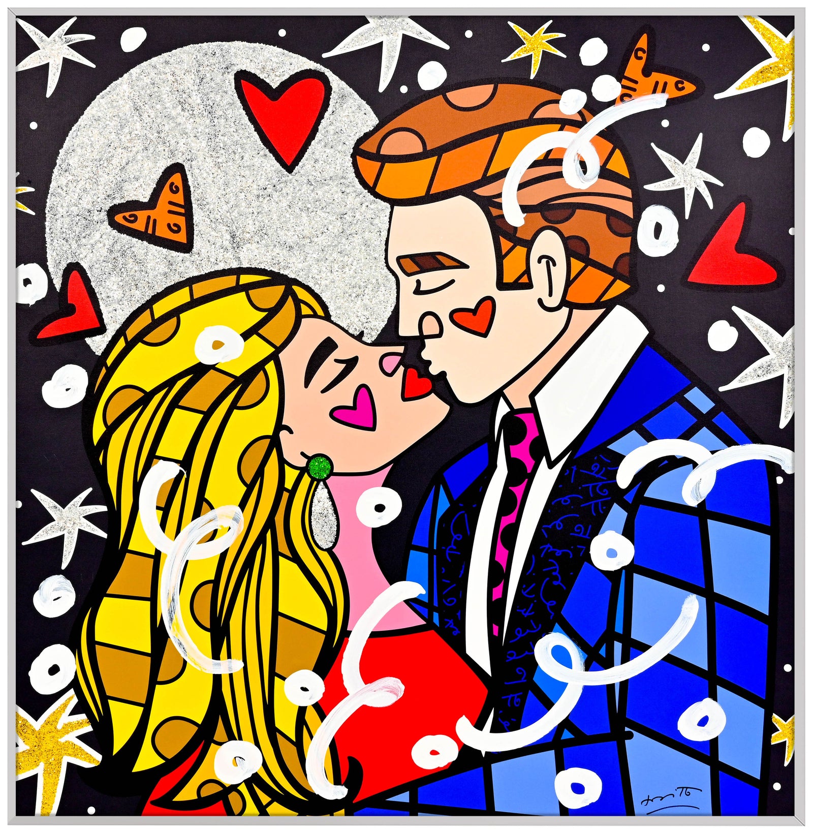 Romero Britto moonstruck mixed media original  contemporary pop art piece