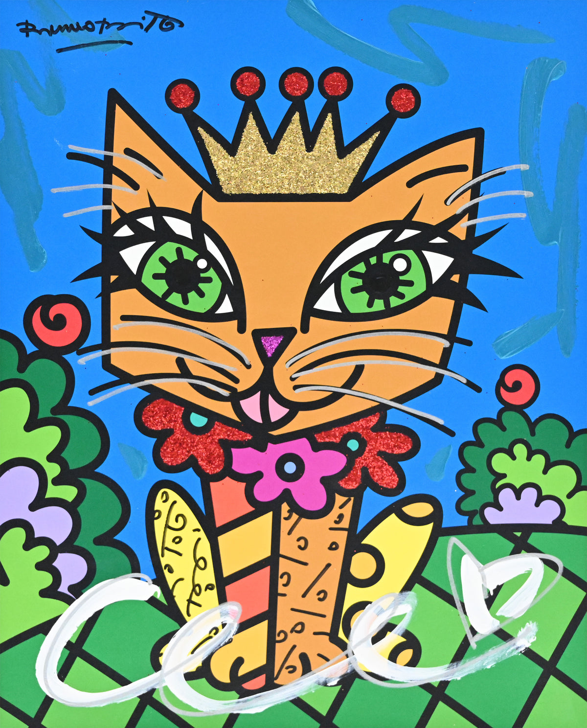 Romero Britto royalty cat mixed media original  colorful pop art design