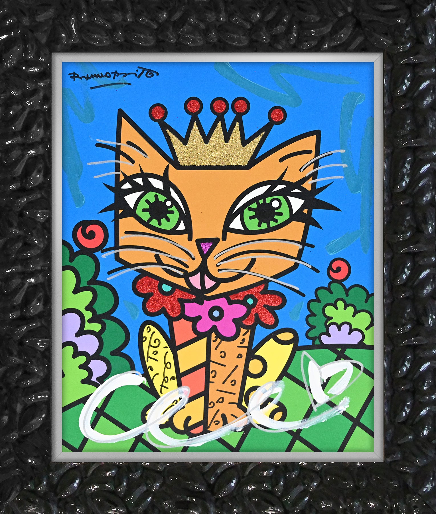 Romero Britto royalty cat mixed media original  colorful pop art design