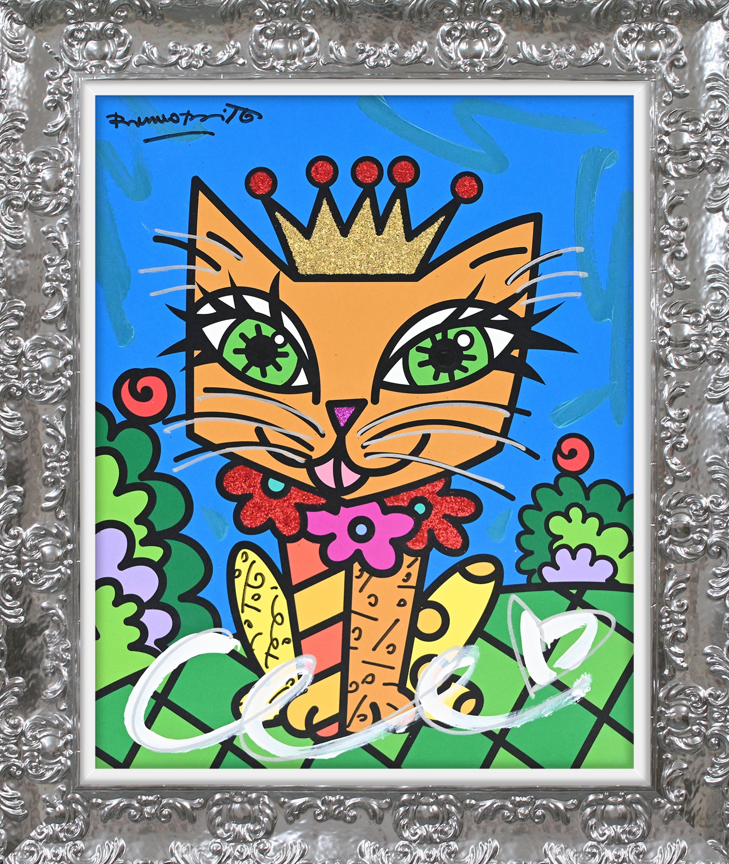 Romero Britto royalty cat mixed media original  contemporary pop art piece
