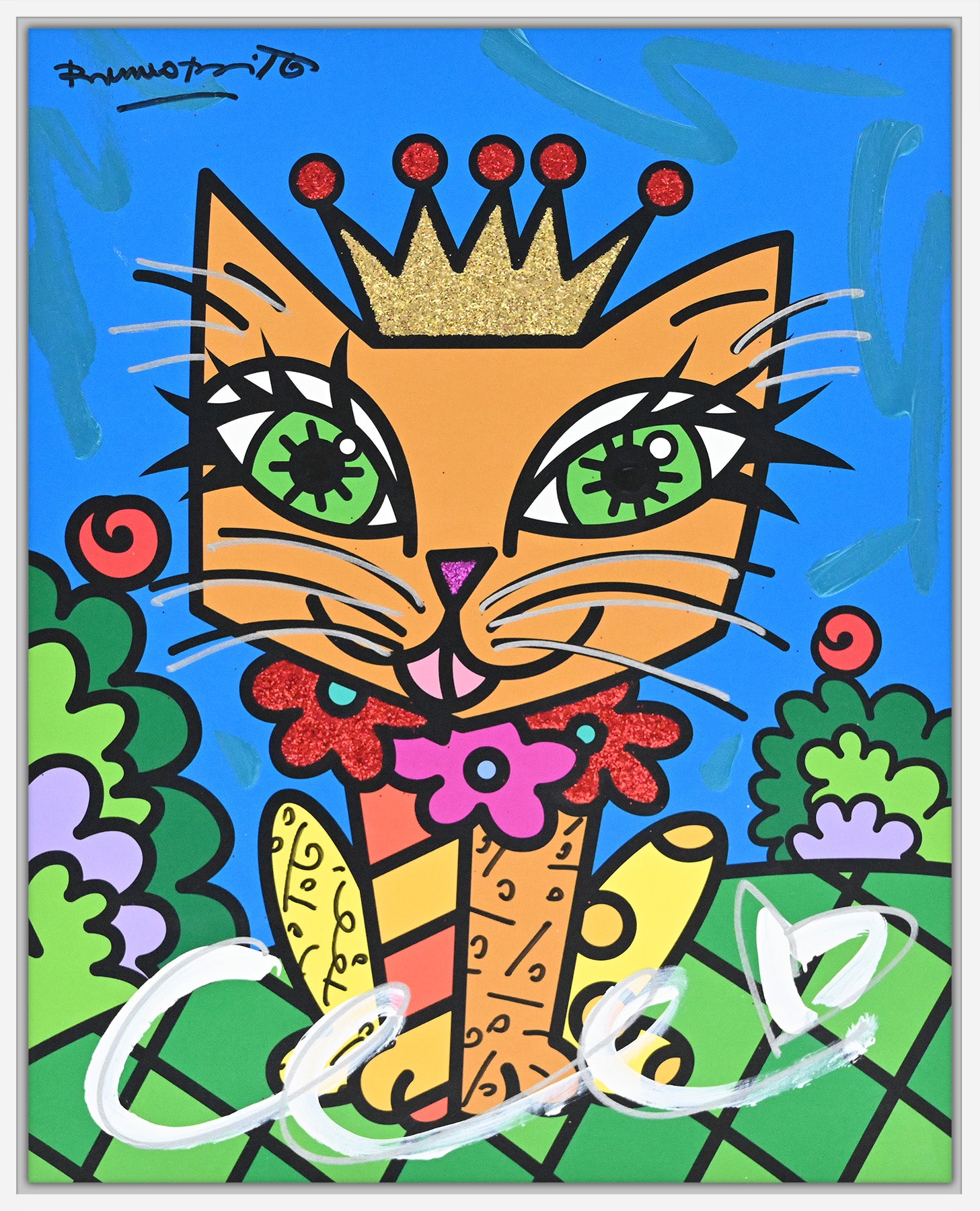 Romero Britto royalty cat mixed media original  colorful pop art design