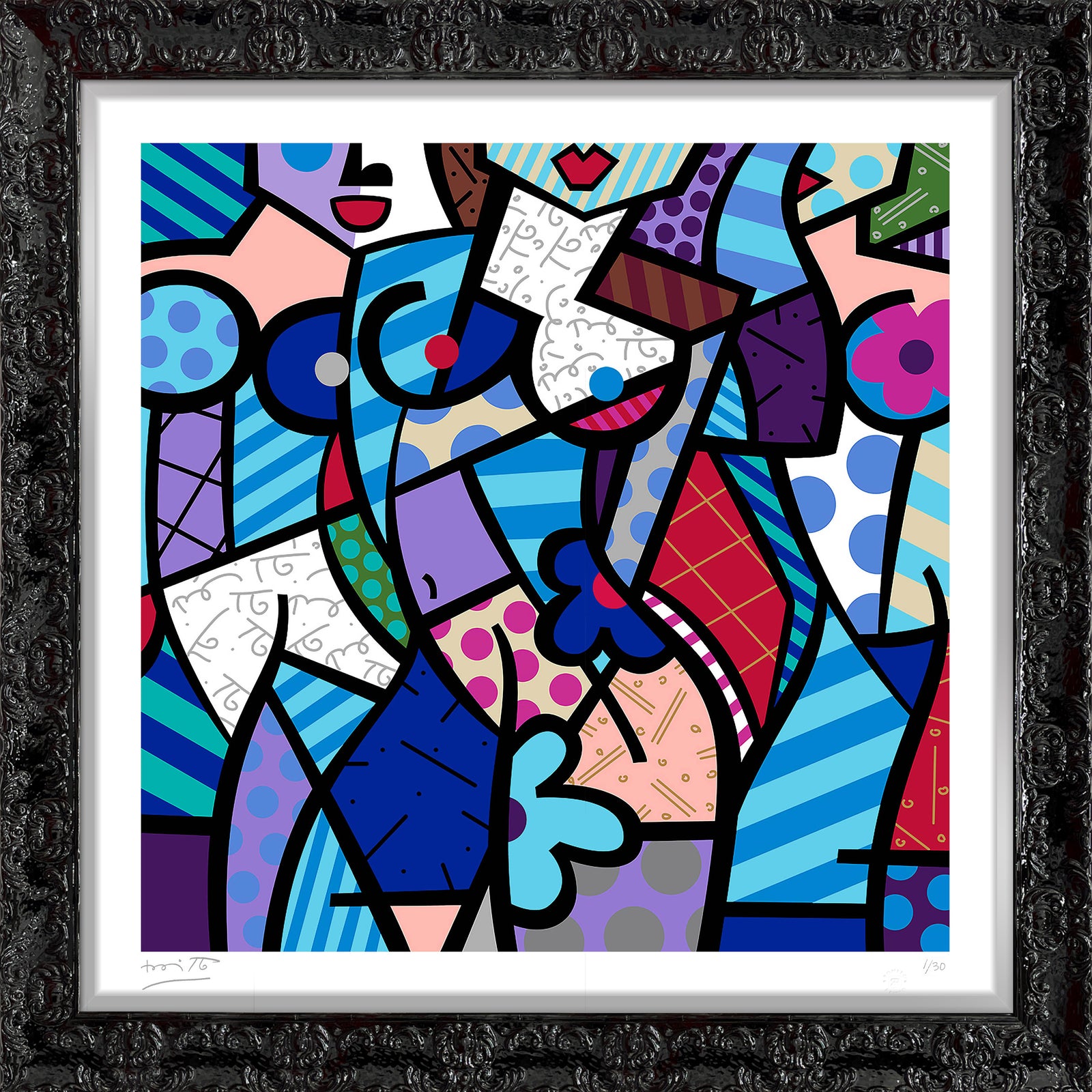 Romero Britto three graceswinter blue serigraph  contemporary pop art piece