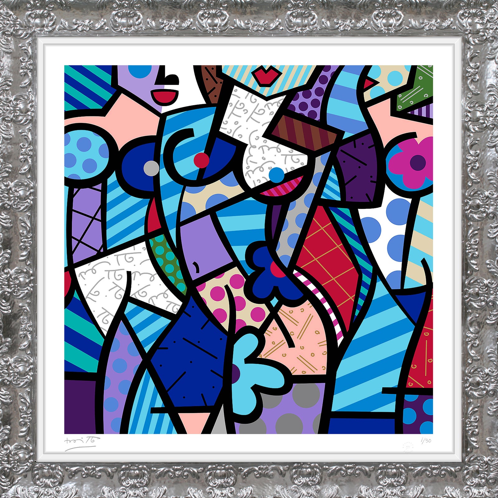 Romero Britto three graceswinter blue serigraph  contemporary pop art piece