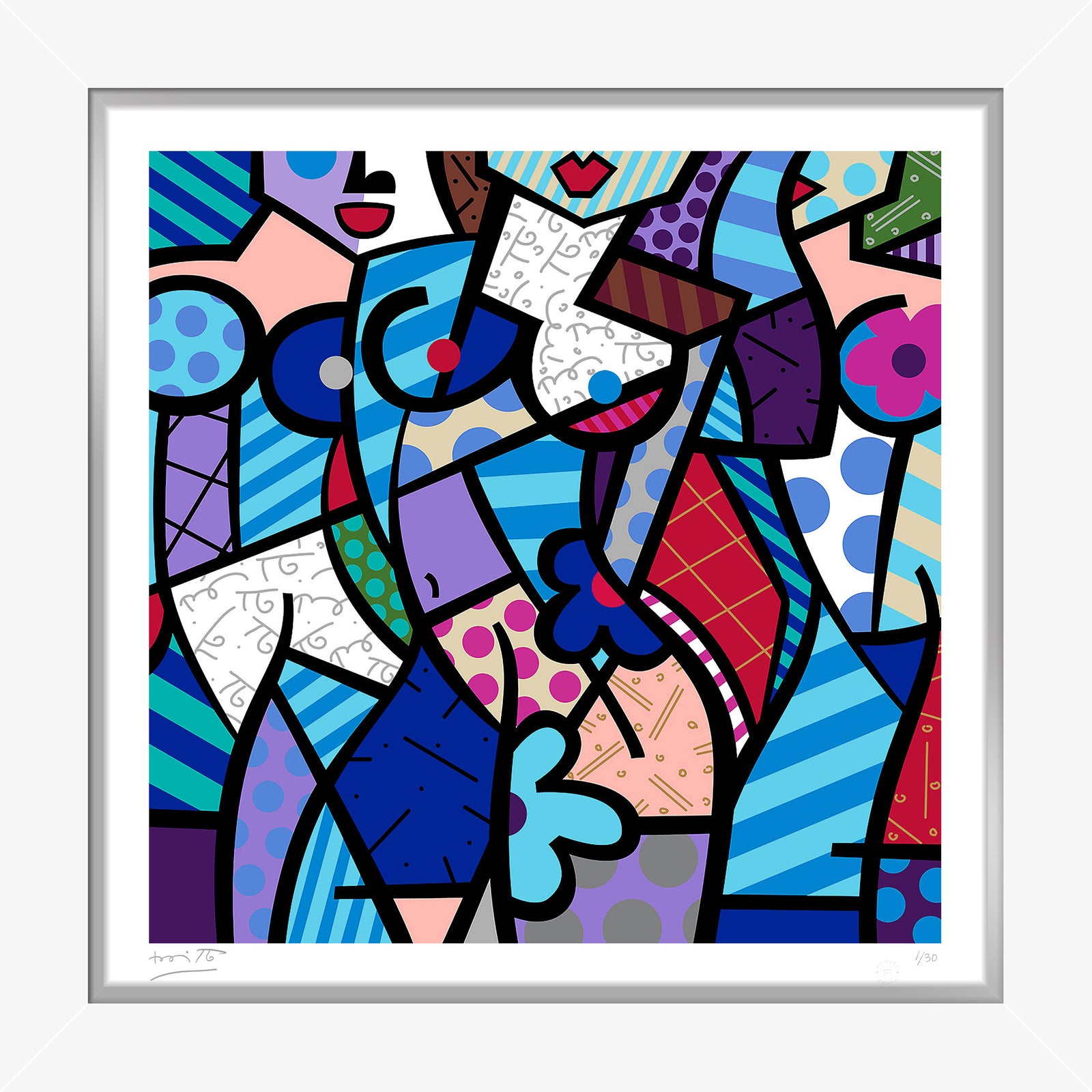 Romero Britto three graceswinter blue serigraph  colorful pop art design
