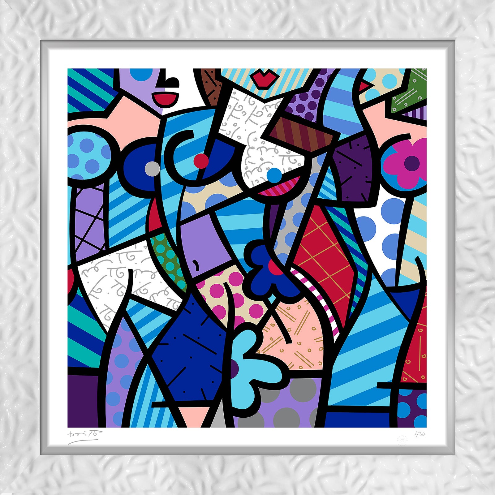 Romero Britto three graceswinter blue serigraph  contemporary pop art piece