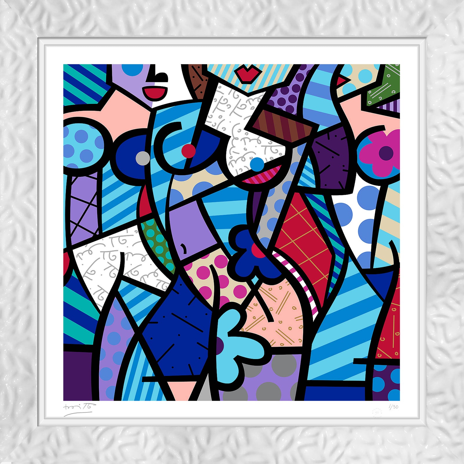 Romero Britto three graceswinter blue serigraph  colorful pop art design
