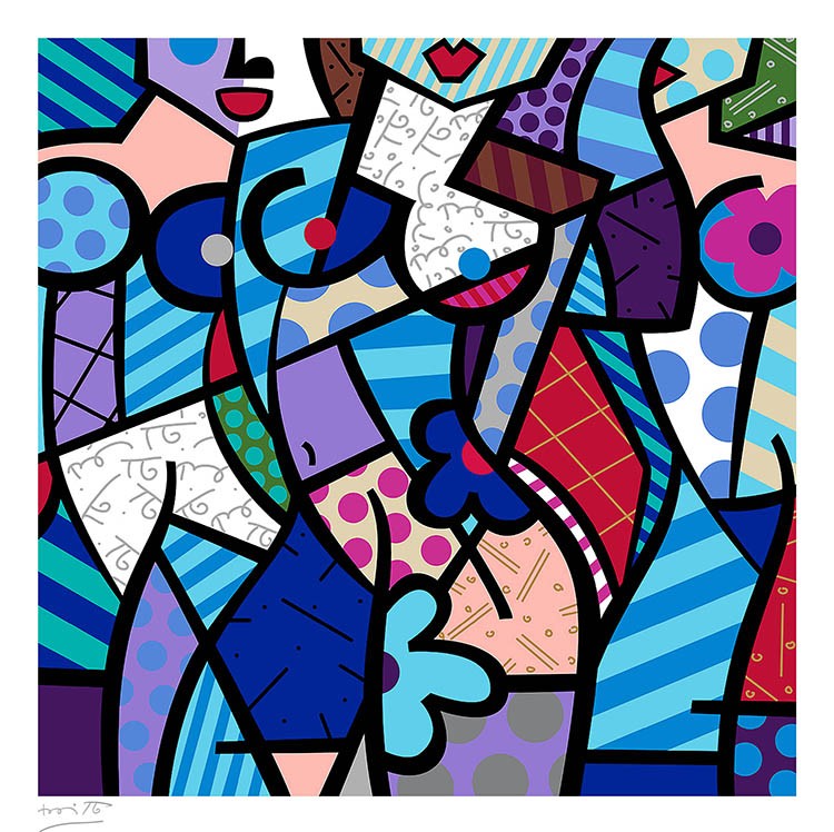 Romero Britto three graceswinter blue serigraph  colorful pop art design