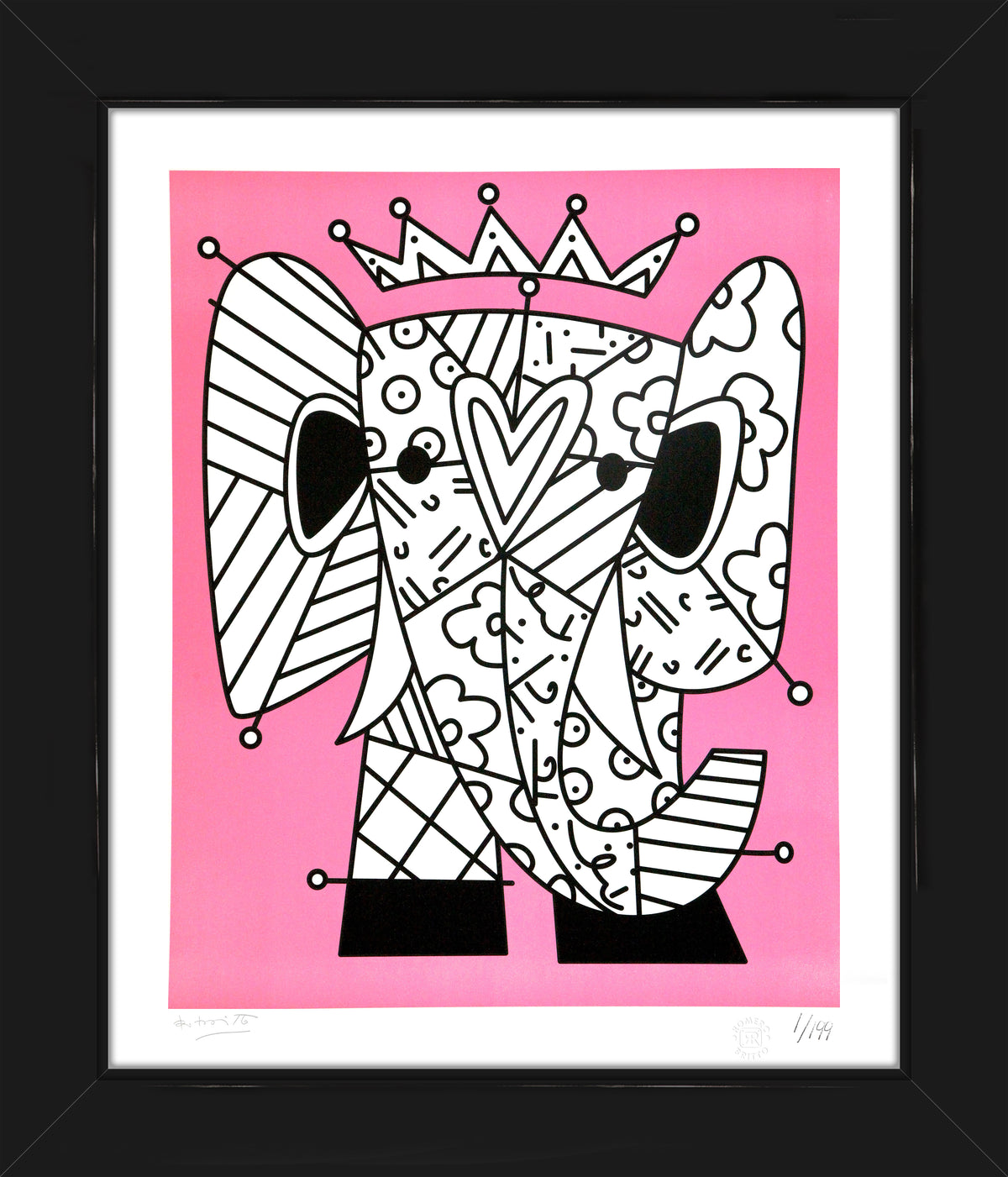 Romero Britto pink elephant lithograph  contemporary pop art piece