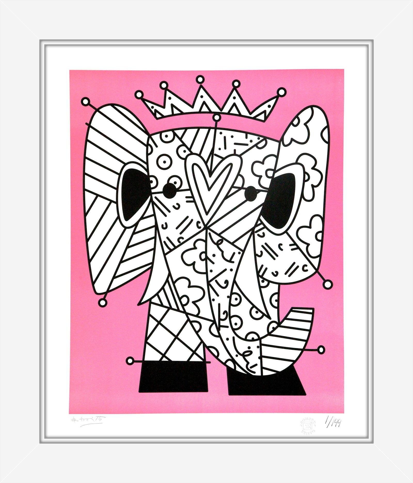 Romero Britto pink elephant lithograph  contemporary pop art piece