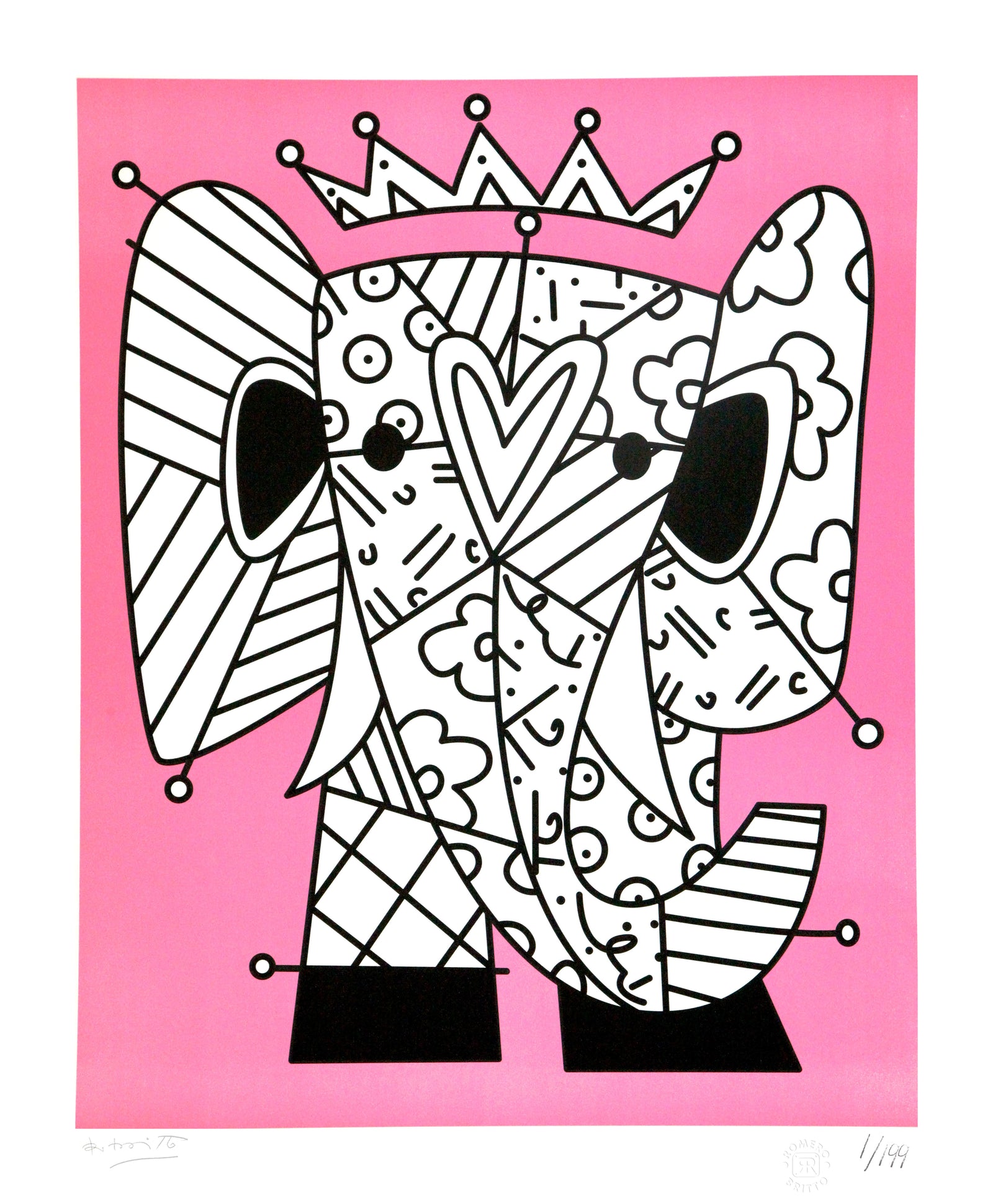 Romero Britto pink elephant lithograph  colorful pop art design