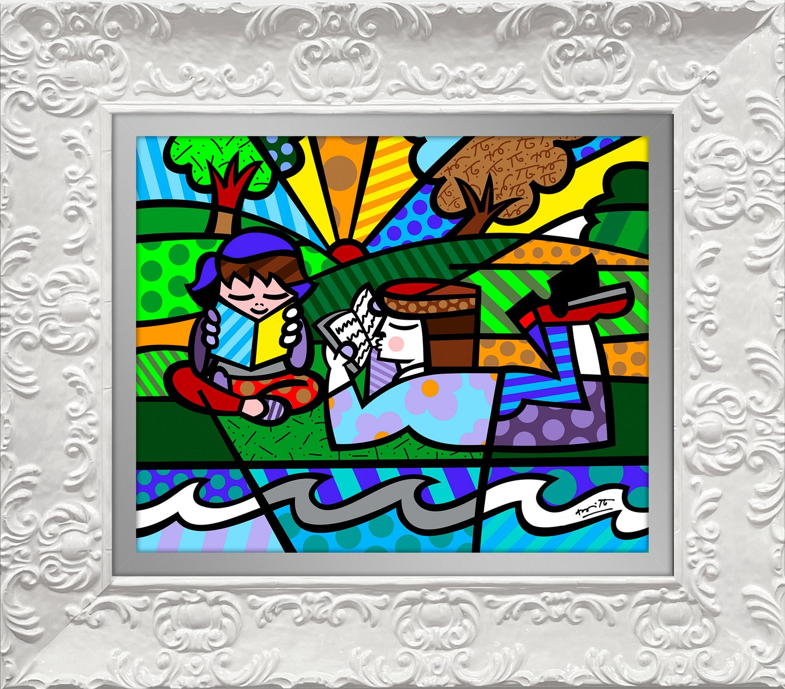 Romero Britto reading in the park limited  contemporary pop art piece