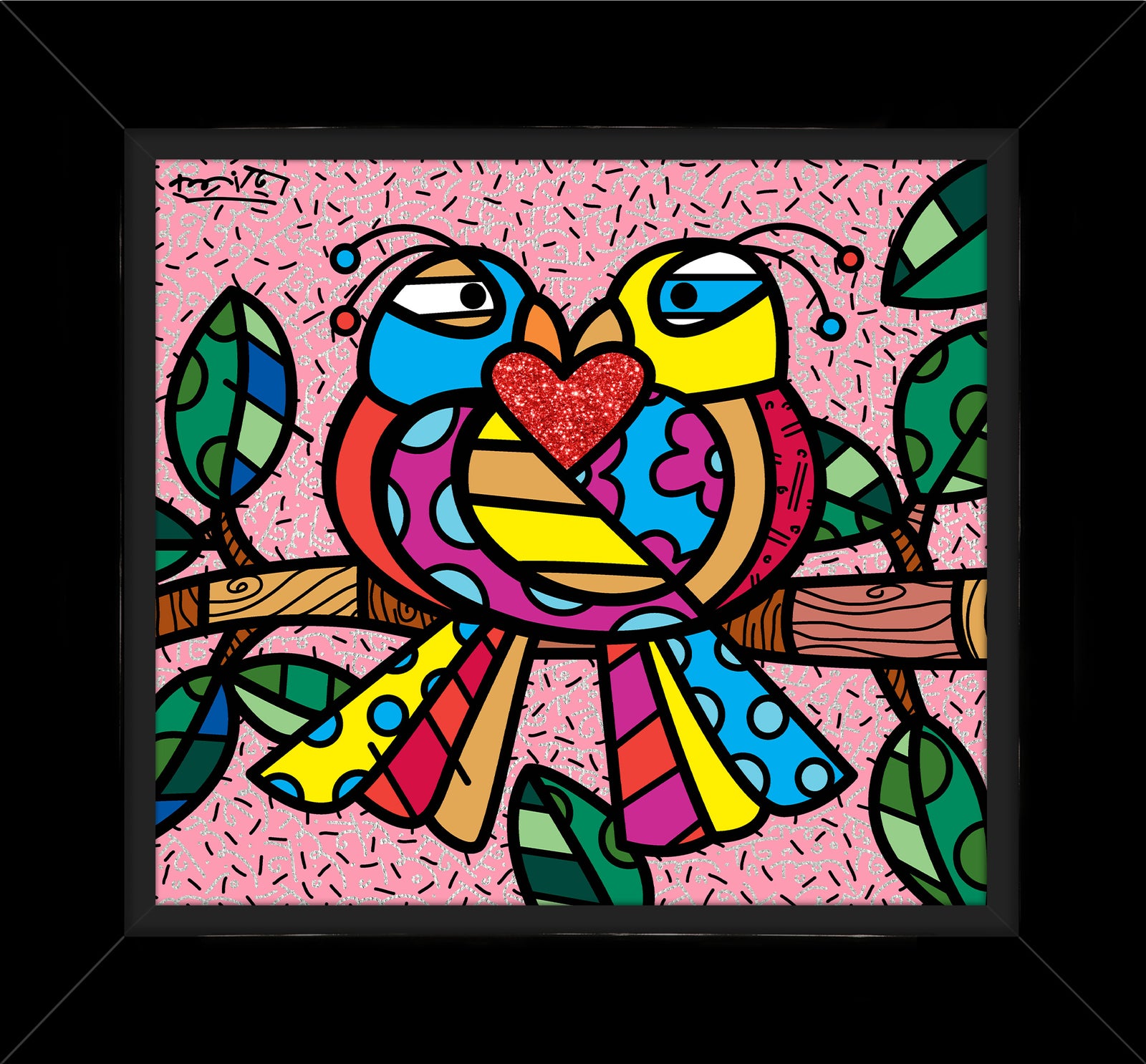 Romero Britto love birds pink limited edition  contemporary pop art piece
