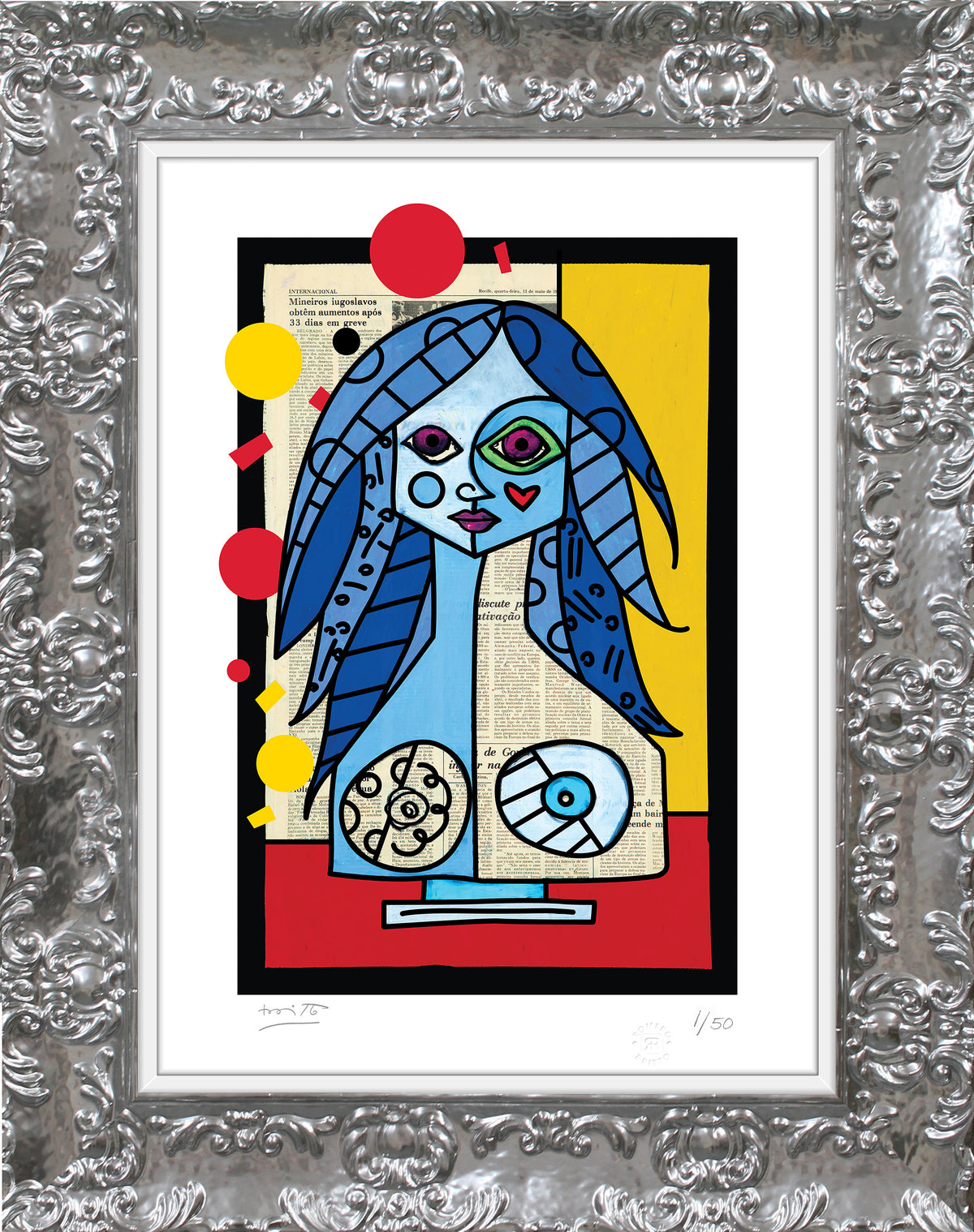 Romero Britto blue red yellow limited edition  contemporary pop art piece