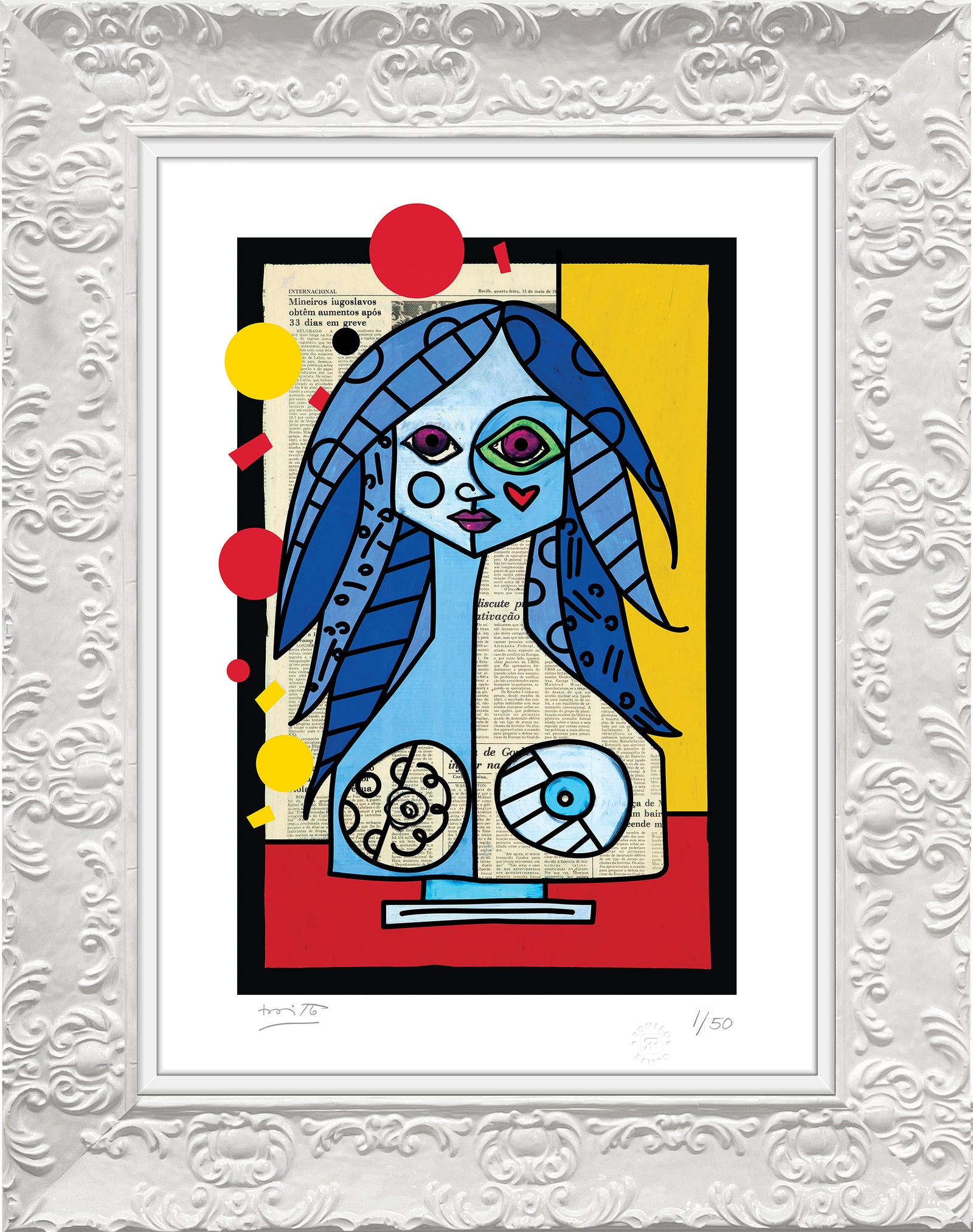 Romero Britto blue red yellow limited edition  contemporary pop art piece