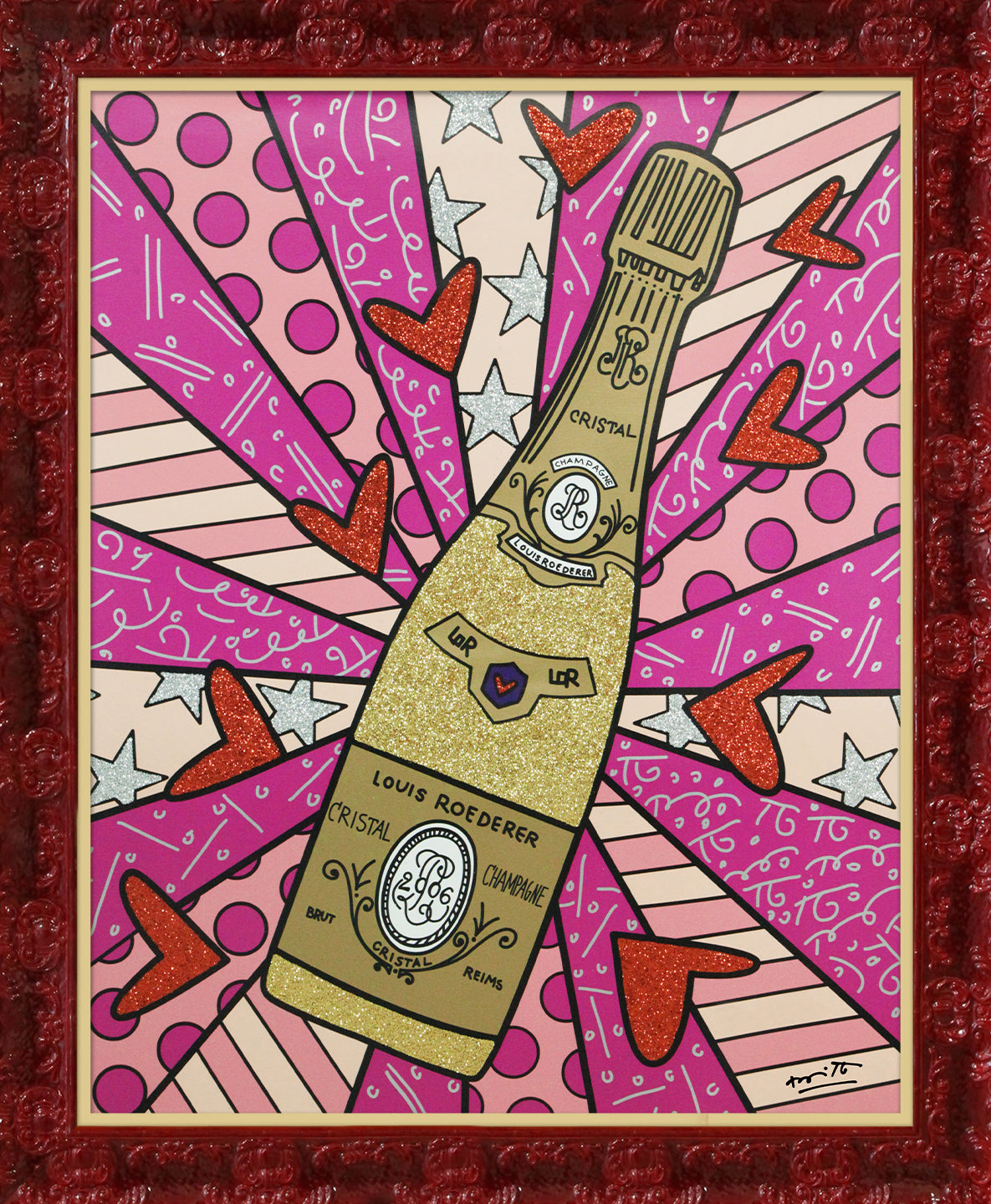 Romero Britto champagne wishes caviar dreams pink  contemporary pop art piece