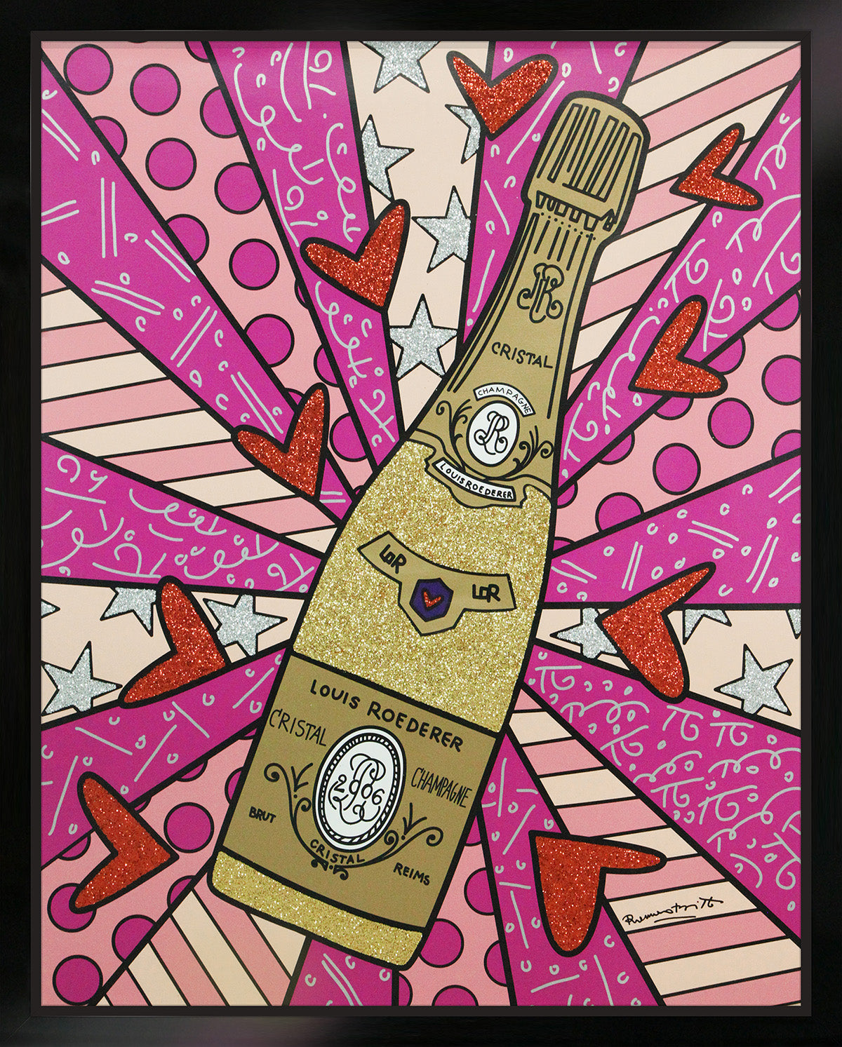 Romero Britto champagne wishes caviar dreams pink  contemporary pop art piece