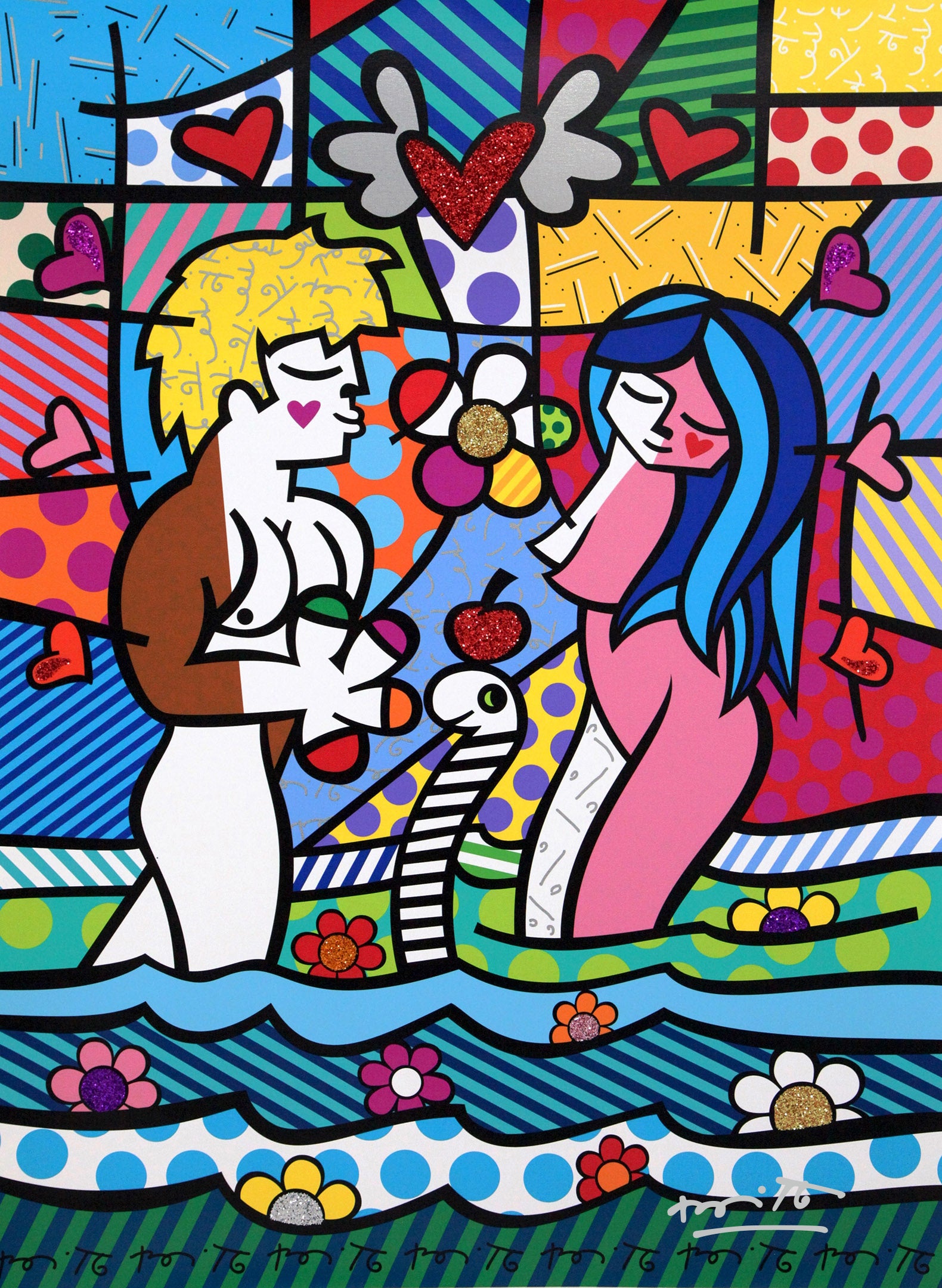 Romero Britto adam eve limited edition print  colorful pop art design