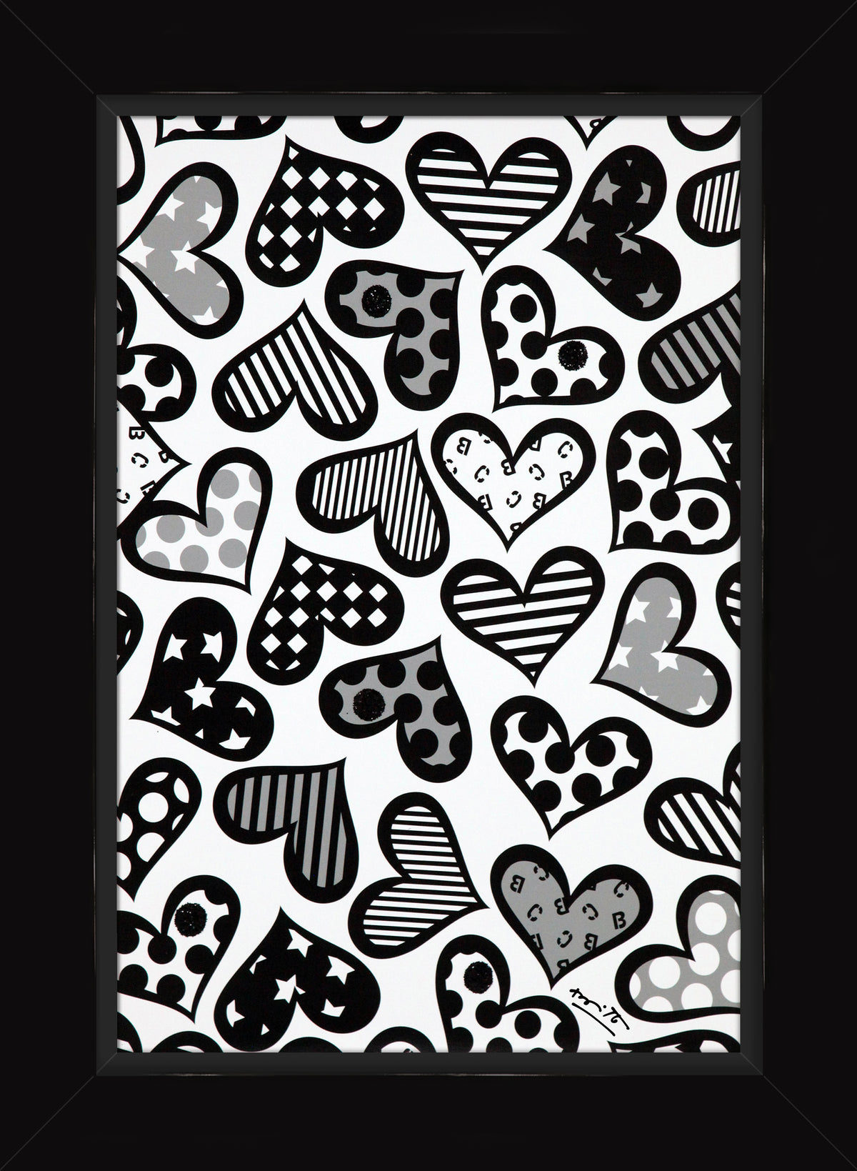 Romero Britto hearts black white limited edition  contemporary pop art piece