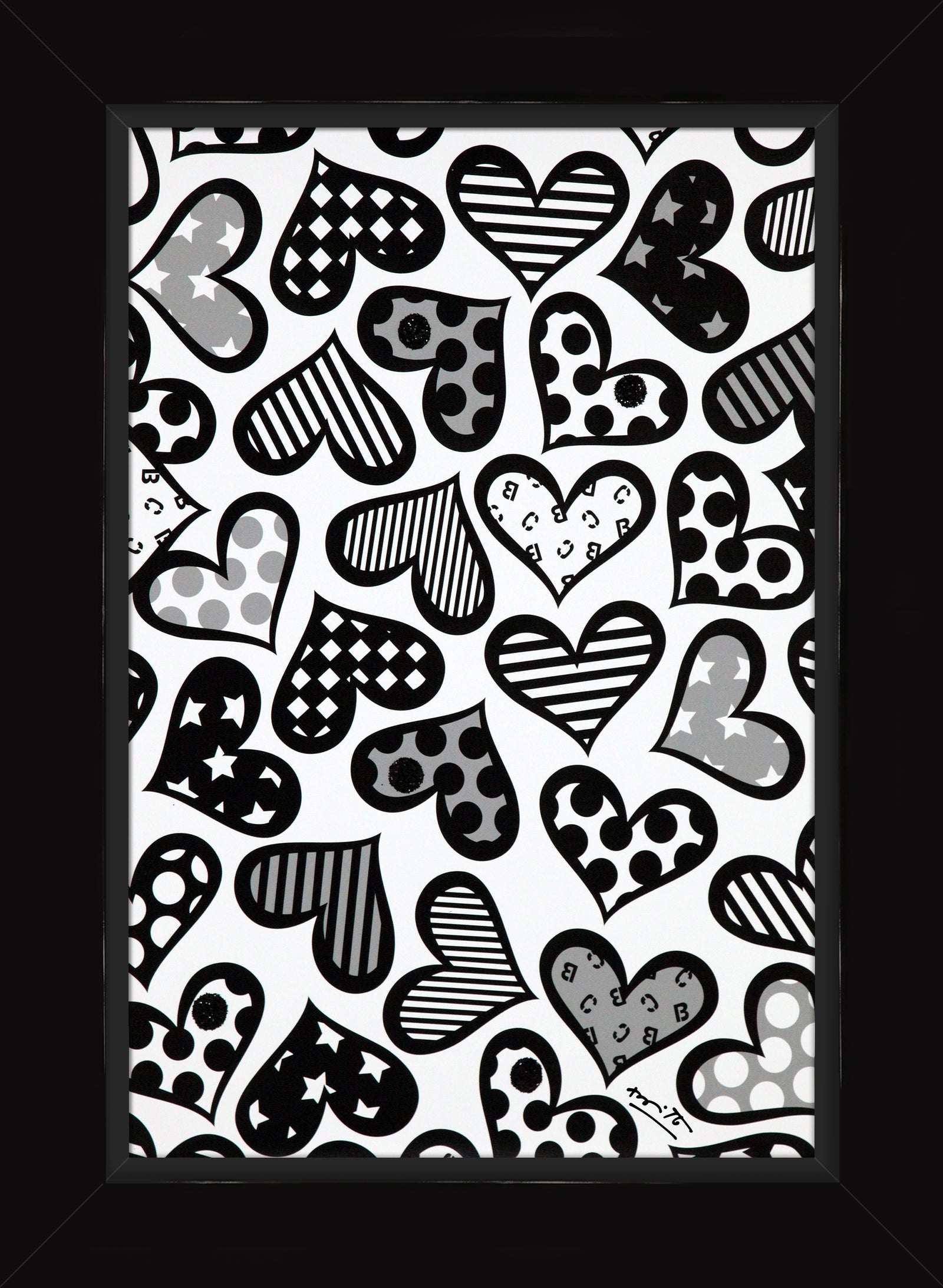 Romero Britto hearts black white limited edition  contemporary pop art piece