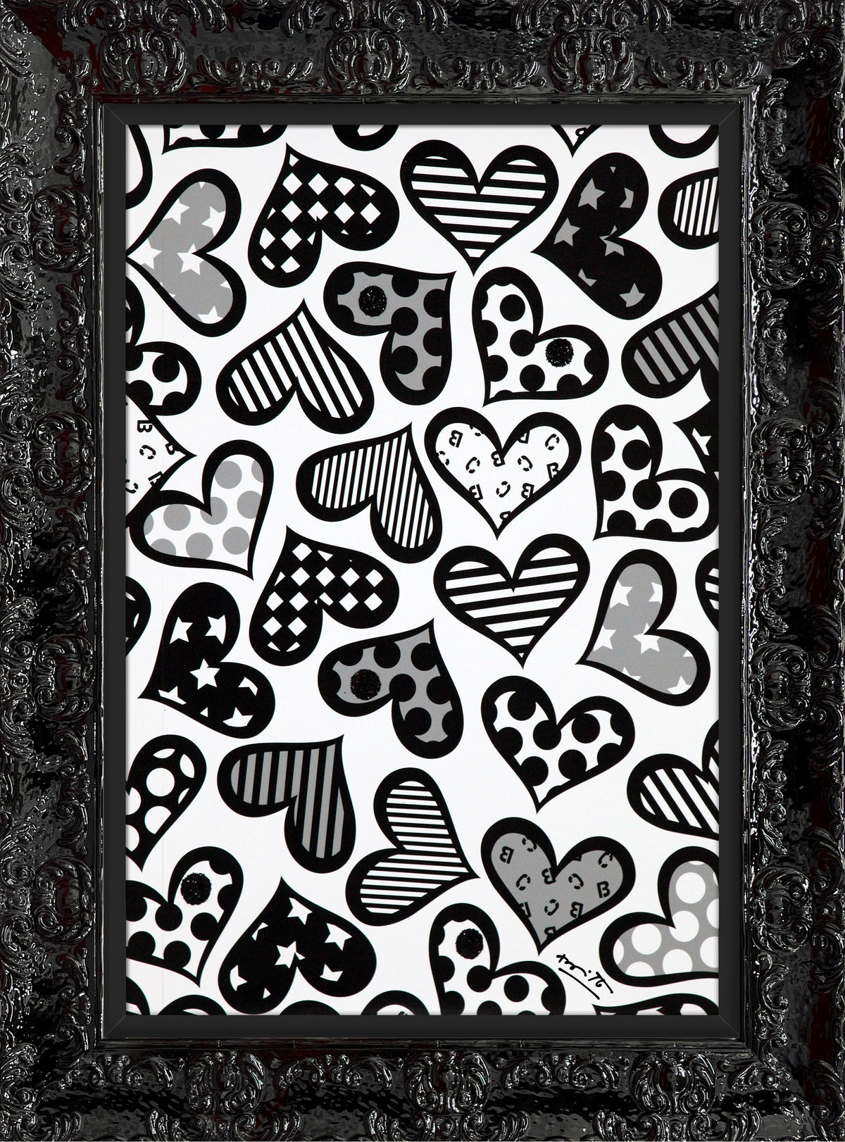 Romero Britto hearts black white limited edition  contemporary pop art piece