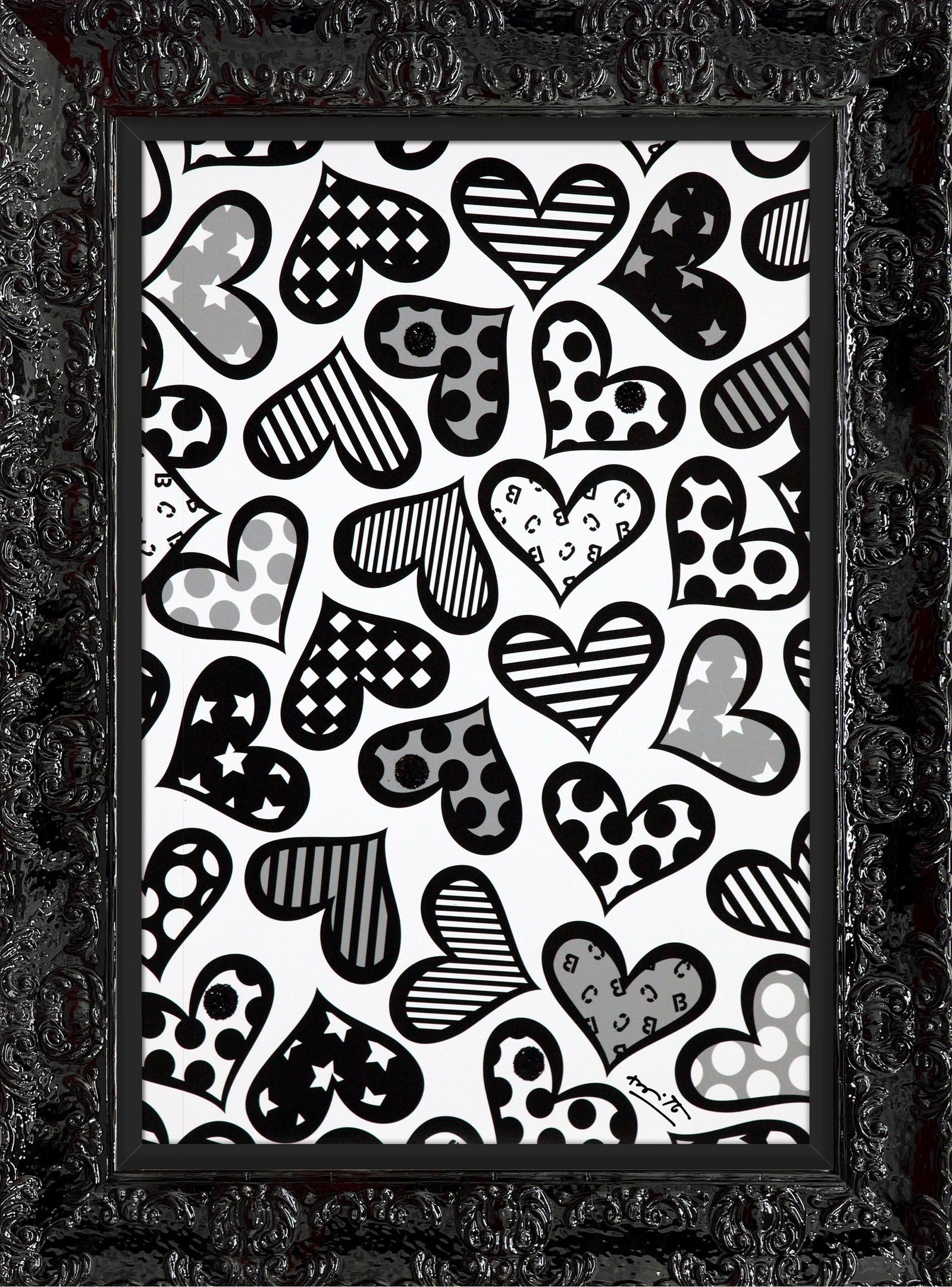 Romero Britto hearts black white limited edition  contemporary pop art piece