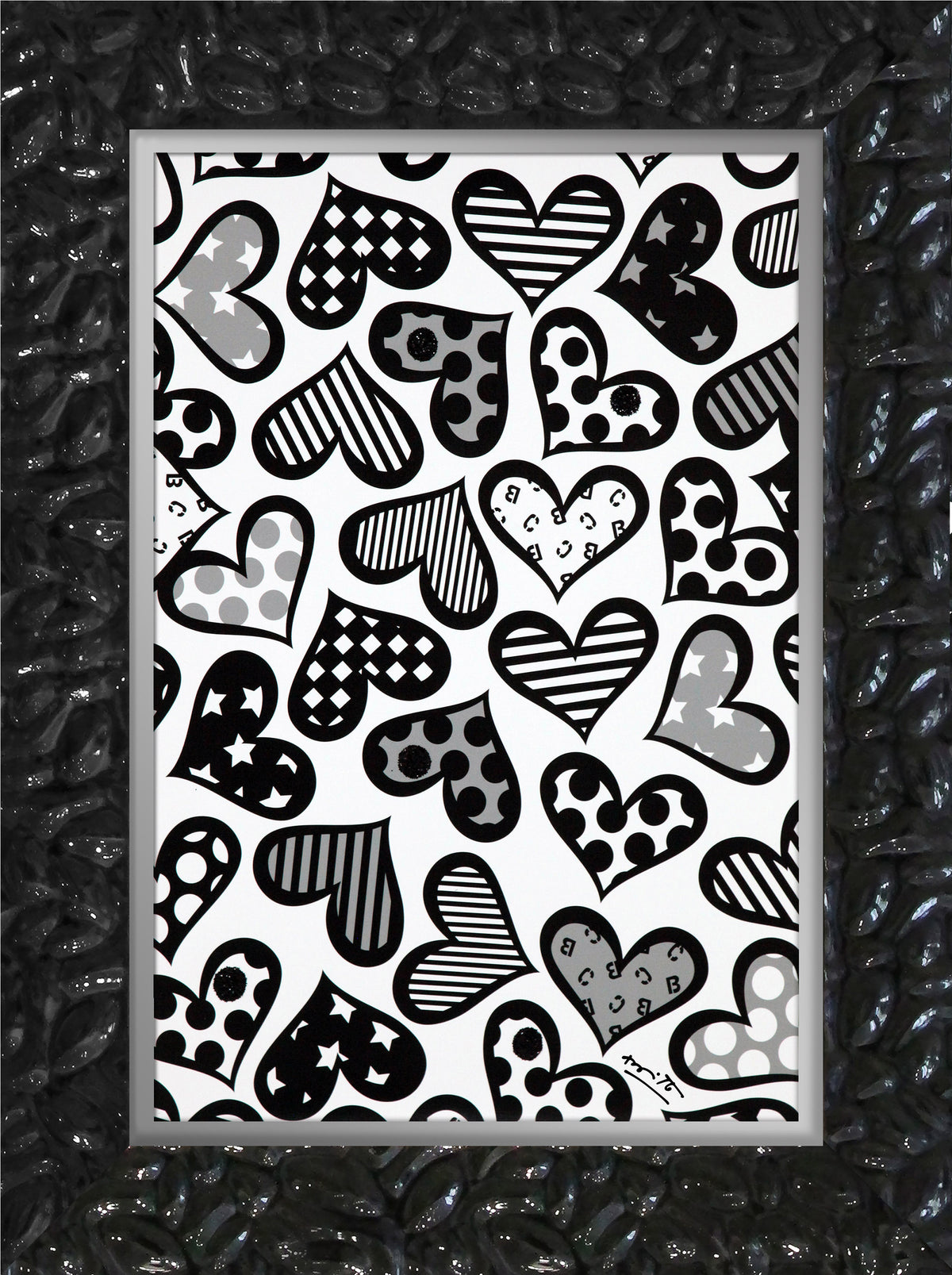 Romero Britto hearts black white limited edition  contemporary pop art piece