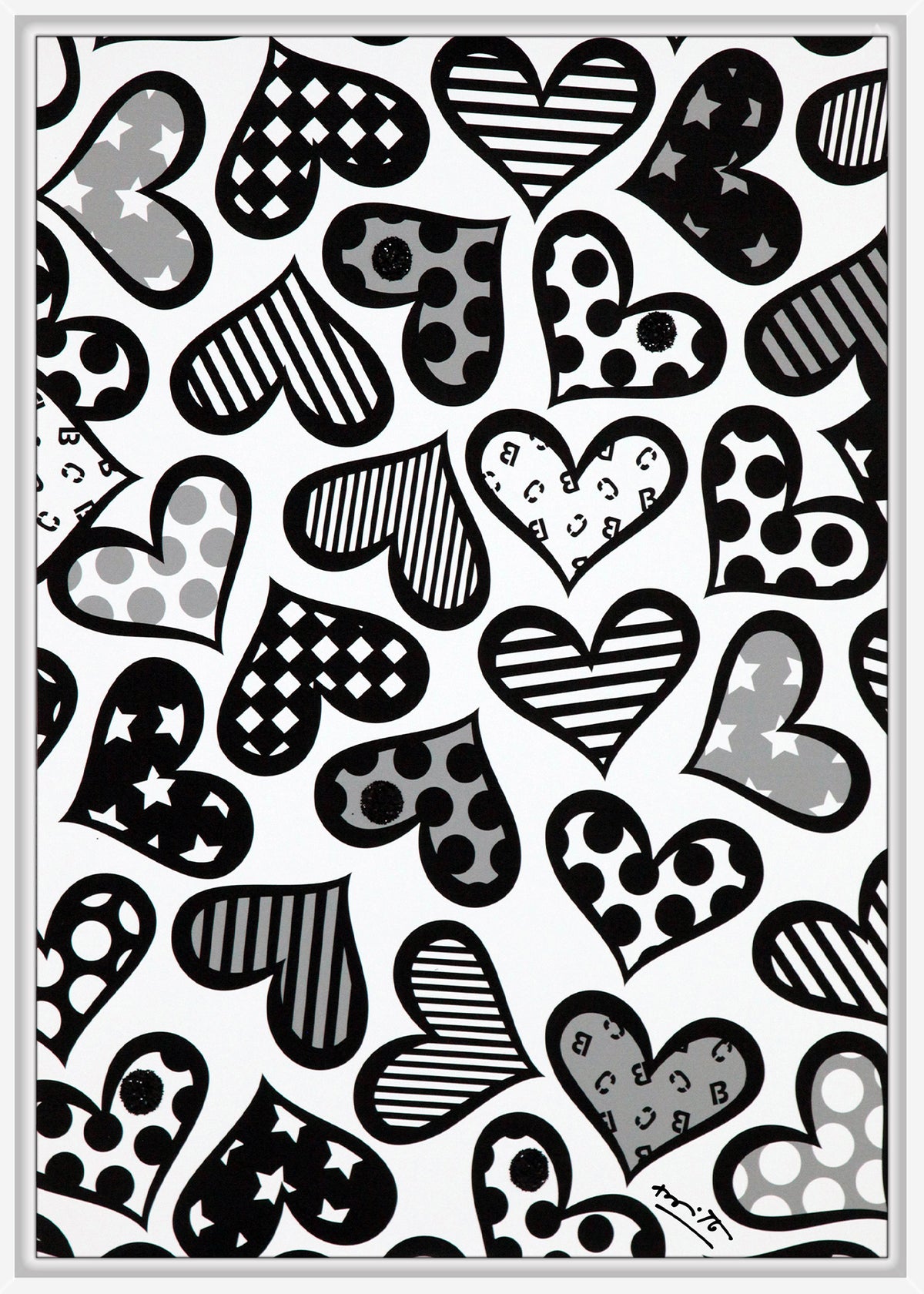 Romero Britto hearts black white limited edition  contemporary pop art piece