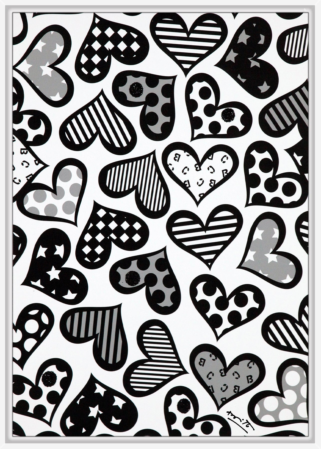 Romero Britto hearts black white limited edition  contemporary pop art piece
