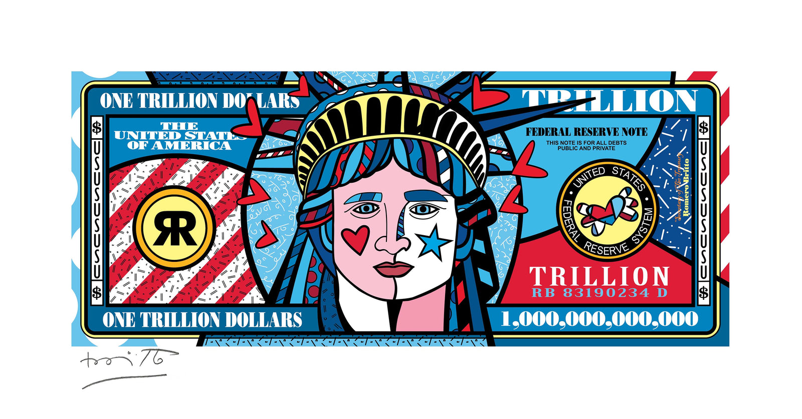 Romero Britto a trillion dollars limited edition  colorful pop art design