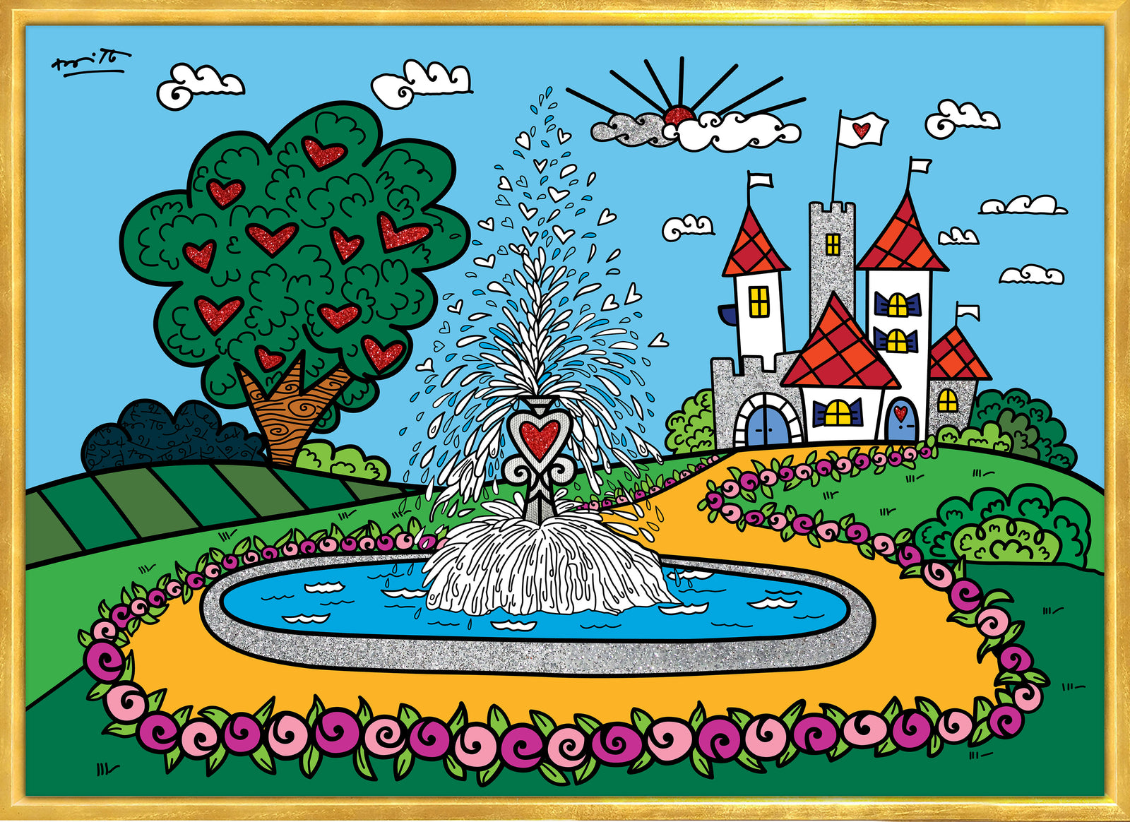 Romero Britto the fountain of happiness and  contemporary pop art piece
