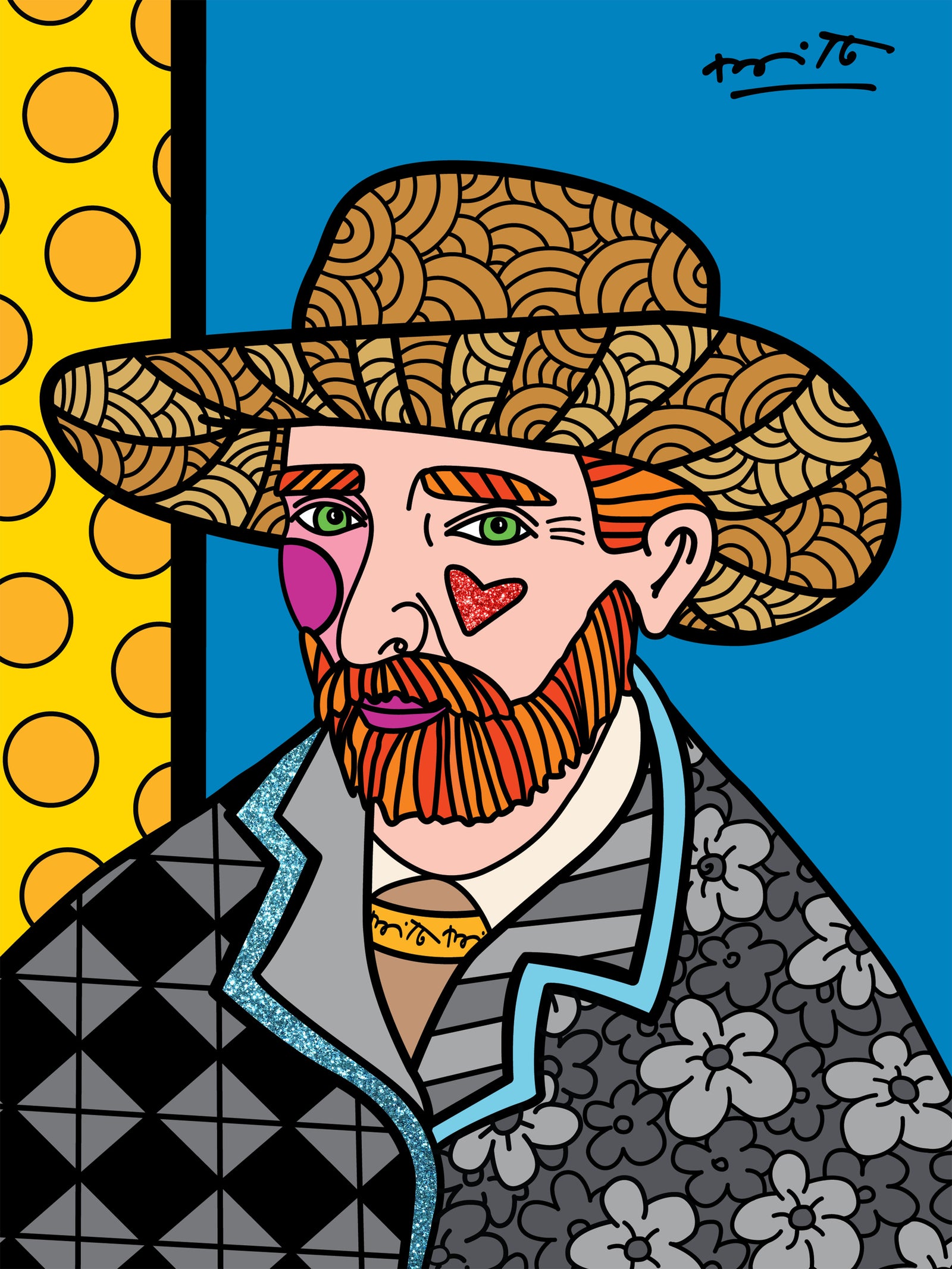 Romero Britto golden hat limited edition print  colorful pop art design