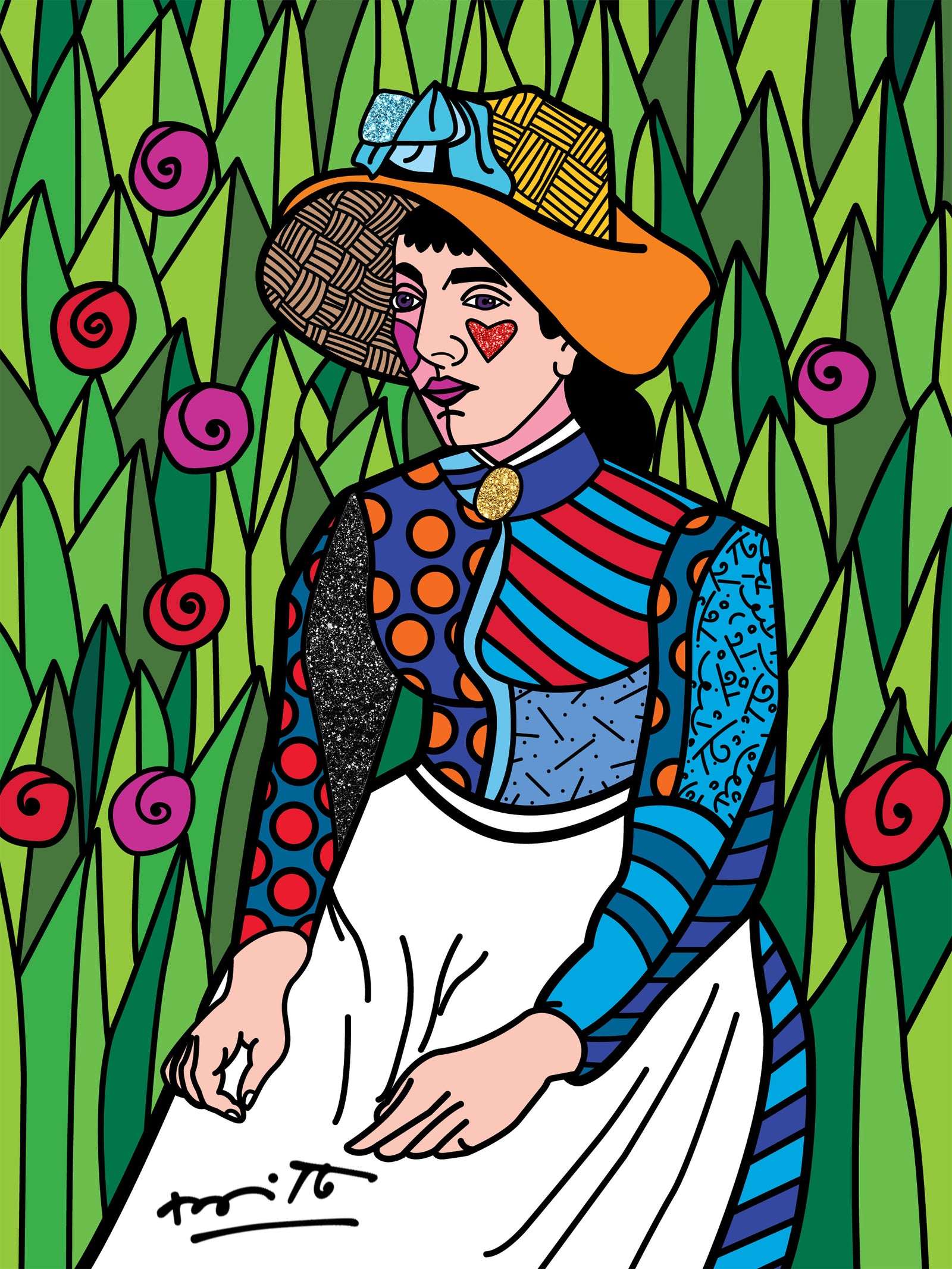 Romero Britto girl in white limited edition  colorful pop art design