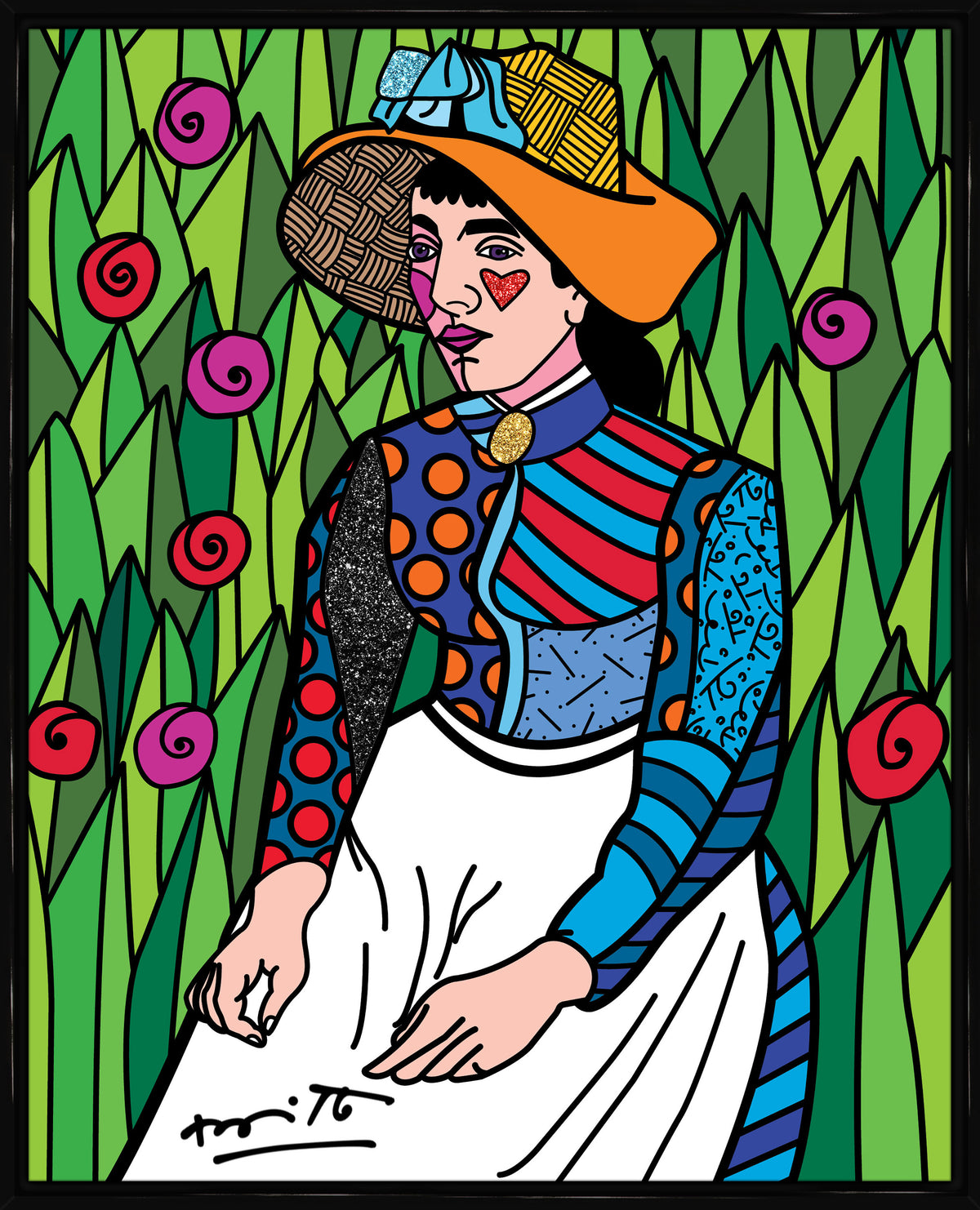 Romero Britto girl in white limited edition  colorful pop art design