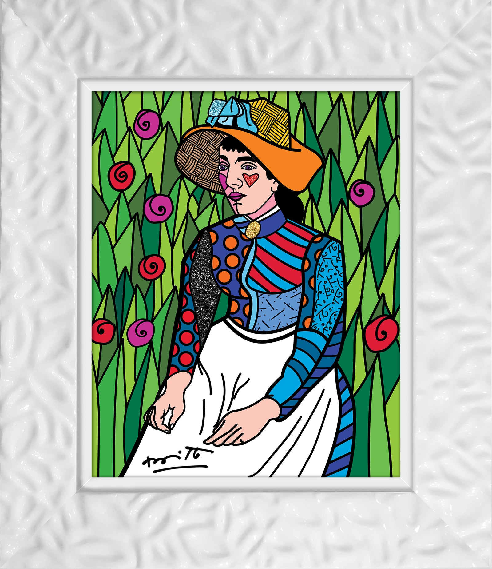 Romero Britto girl in white limited edition  colorful pop art design