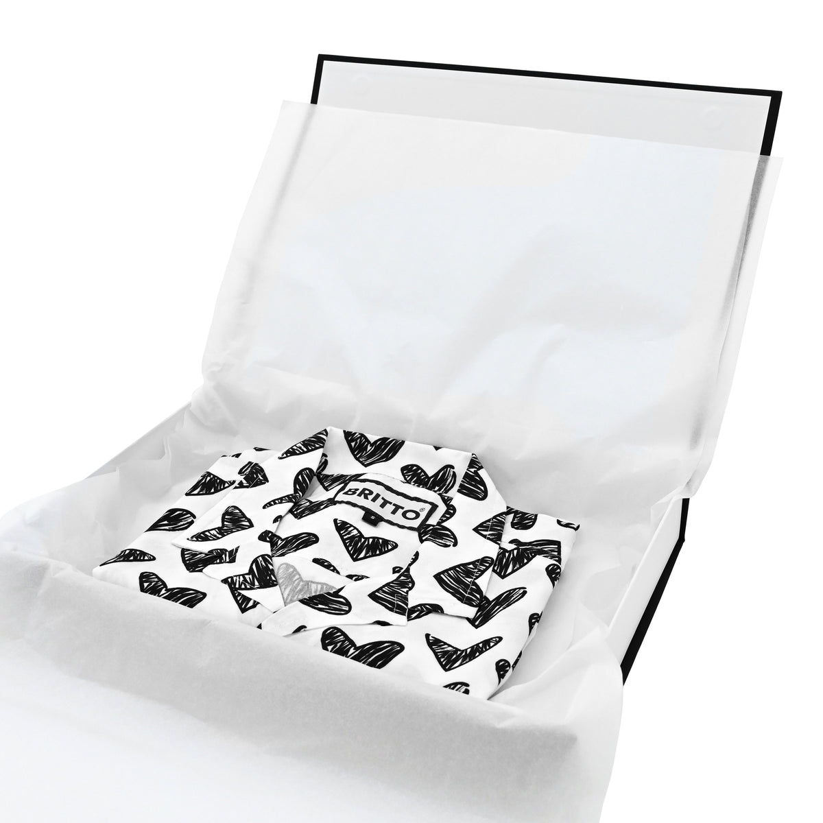 BRITTO® MEN'S SHORT SLEEVE BUTTON DOWN SHIRT - BLACK BRUSHSTROKE HEARTS