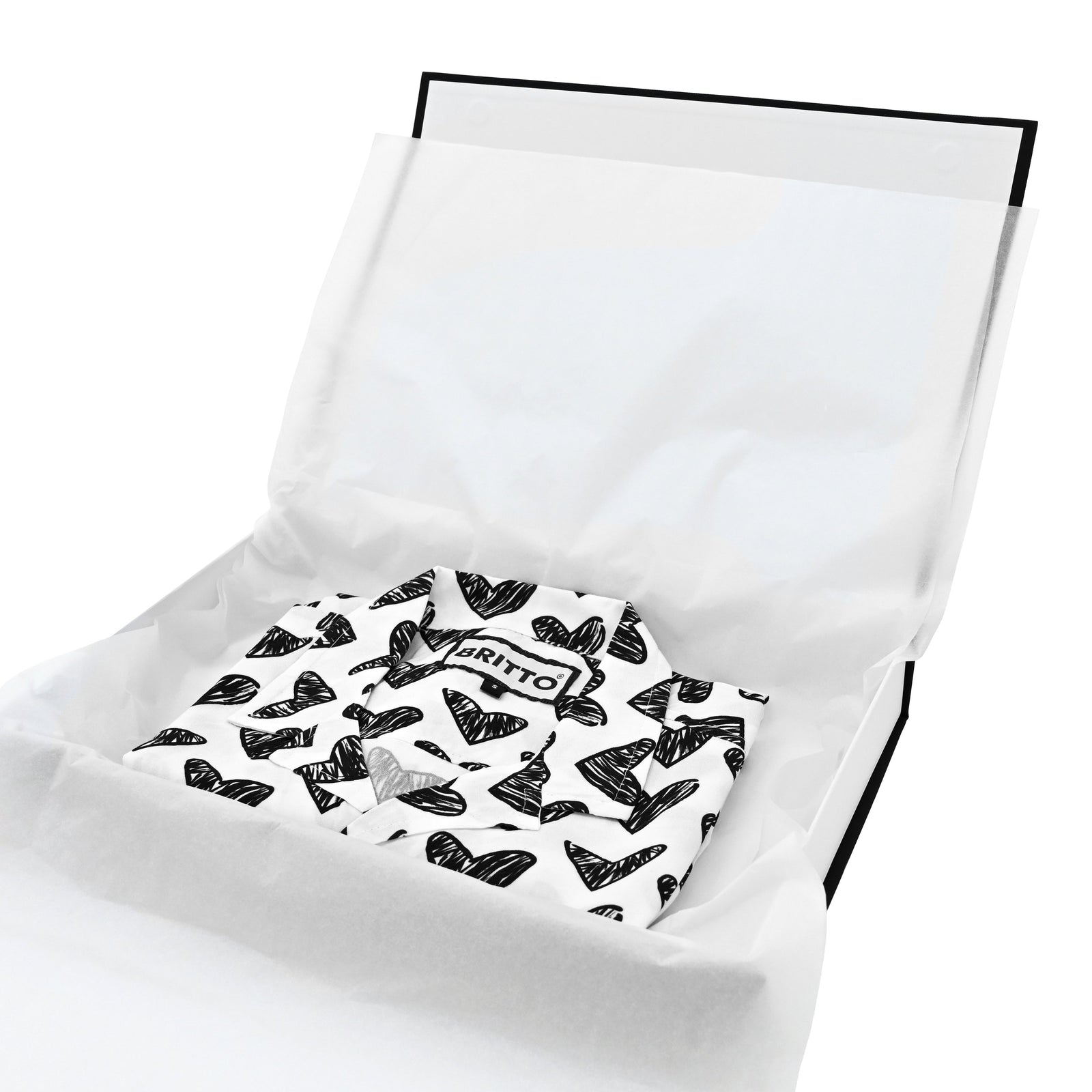 BRITTO® MEN'S SHORT SLEEVE BUTTON DOWN SHIRT - BLACK BRUSHSTROKE HEARTS