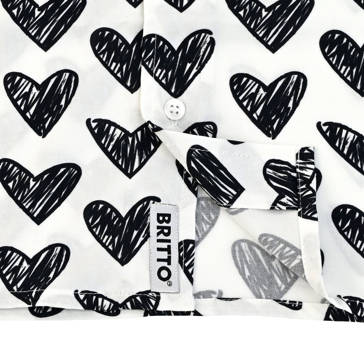 BRITTO® MEN'S SHORT SLEEVE BUTTON DOWN SHIRT - BLACK BRUSHSTROKE HEARTS