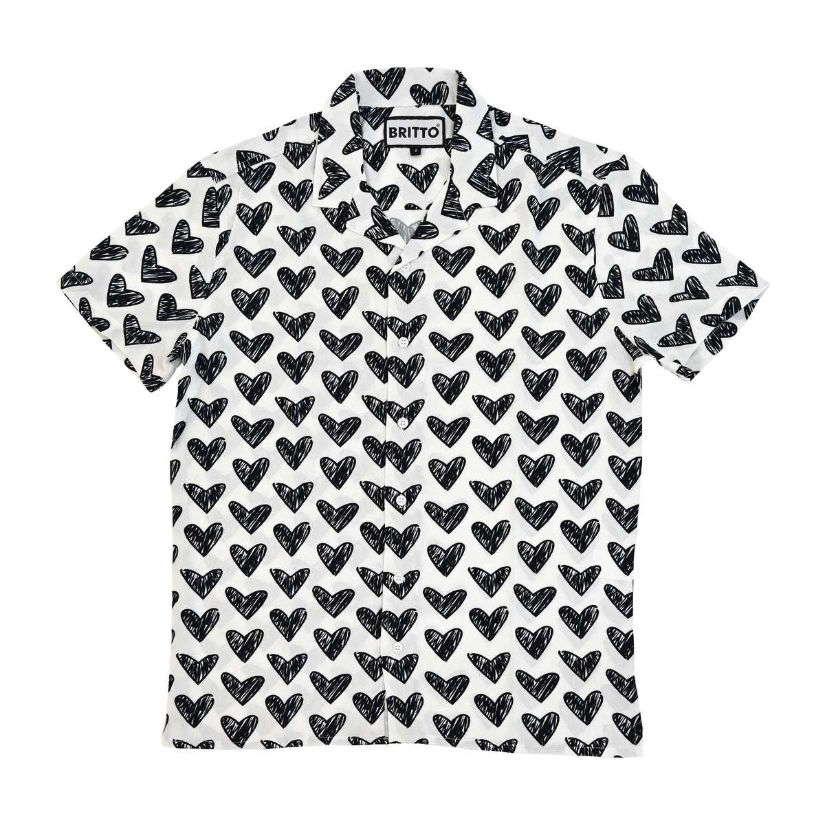 BRITTO® MEN'S SHORT SLEEVE BUTTON DOWN SHIRT - BLACK BRUSHSTROKE HEARTS