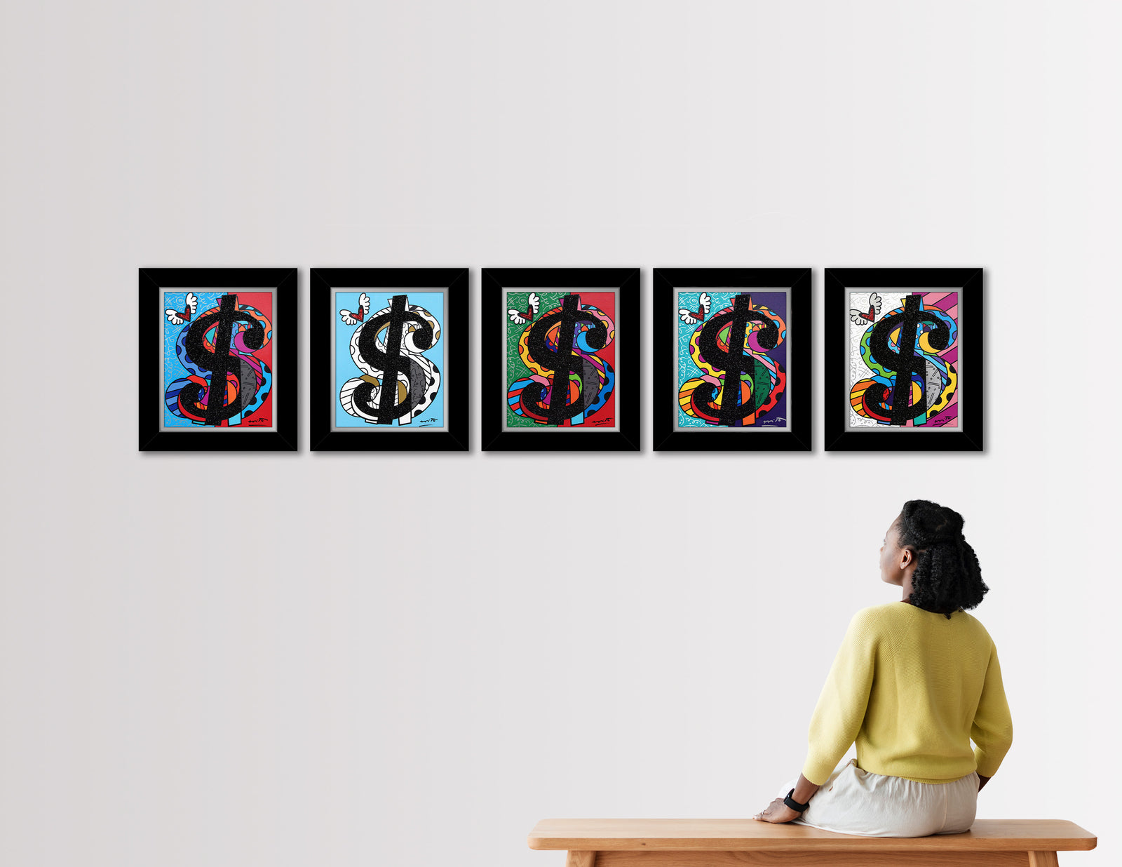 Romero Britto cream series master pentaptych limited  colorful pop art design